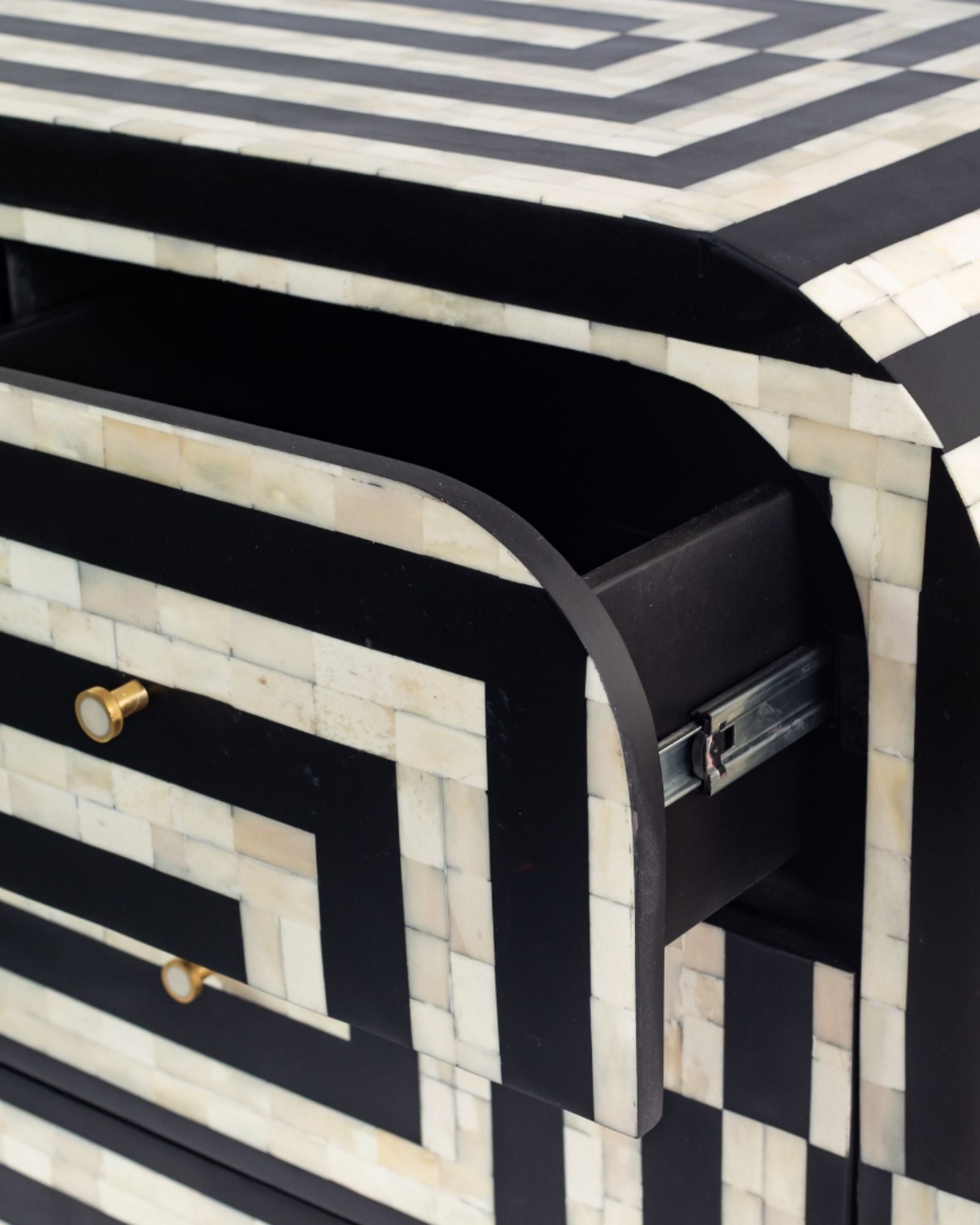 Zuri Striped Chest of Drawers in Black and white bone inlay by Tabeer Homes, featuring 7 drawers.