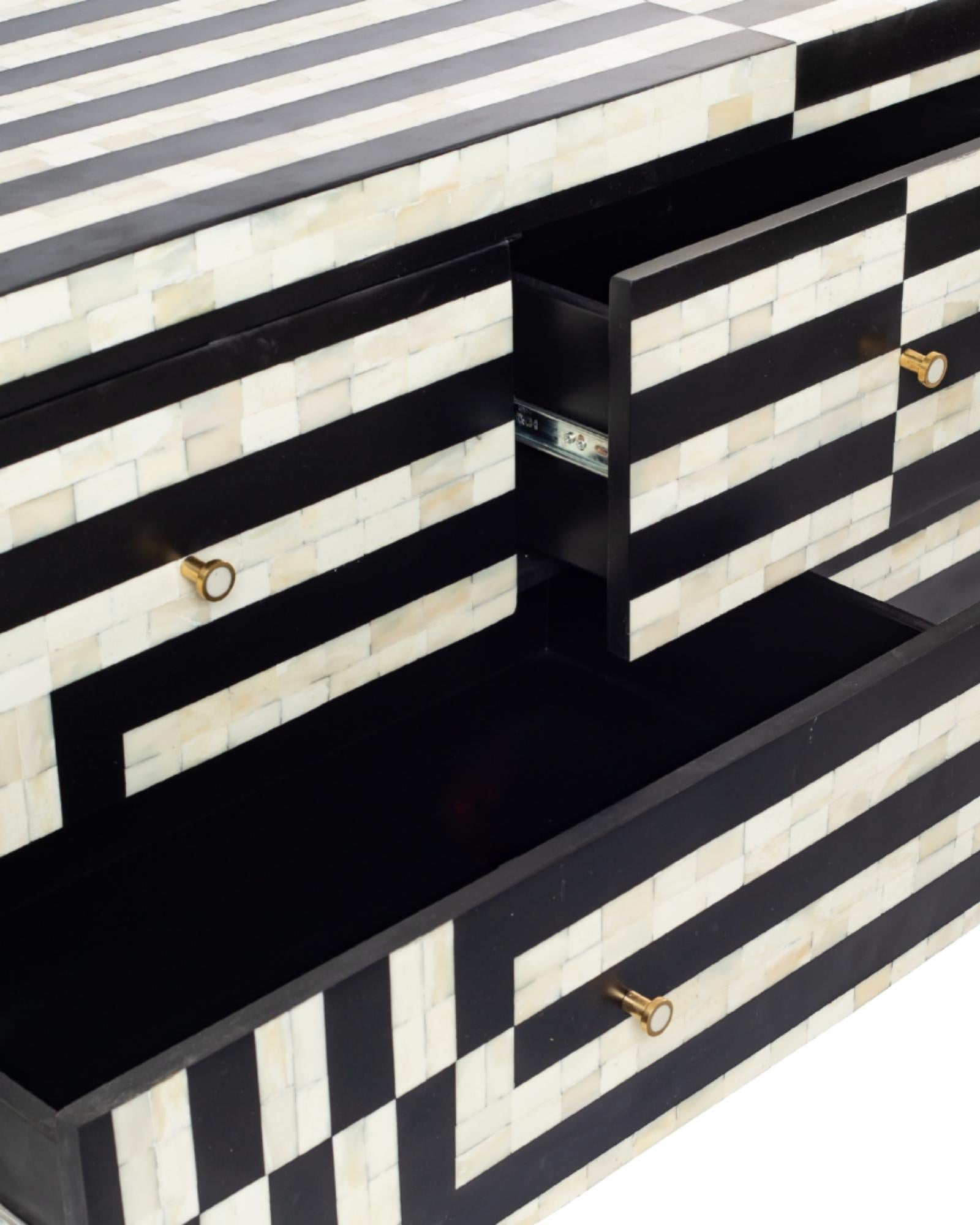 Zuri Striped Chest of Drawers in Black and white bone inlay by Tabeer Homes, featuring 7 drawers.