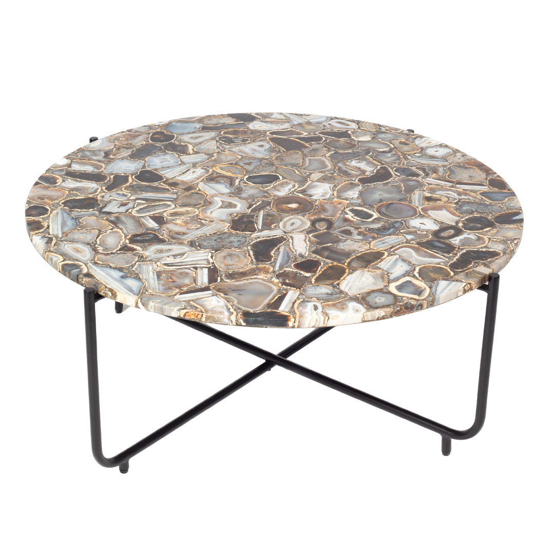 Round coffee table with genuine agate stone top and sleek black metal base, modern and luxurious centerpiece design.