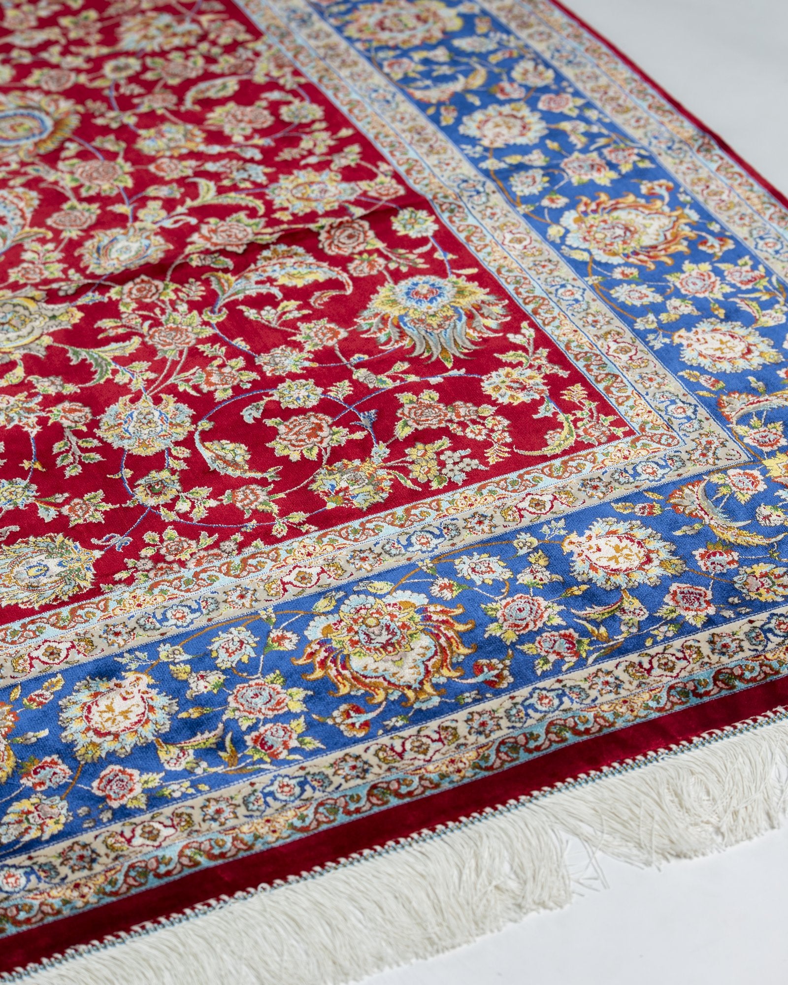 Alessia Persian silk carpet design detail in ruby red, 200 x 300 cm - Tabeer Homes Dubai