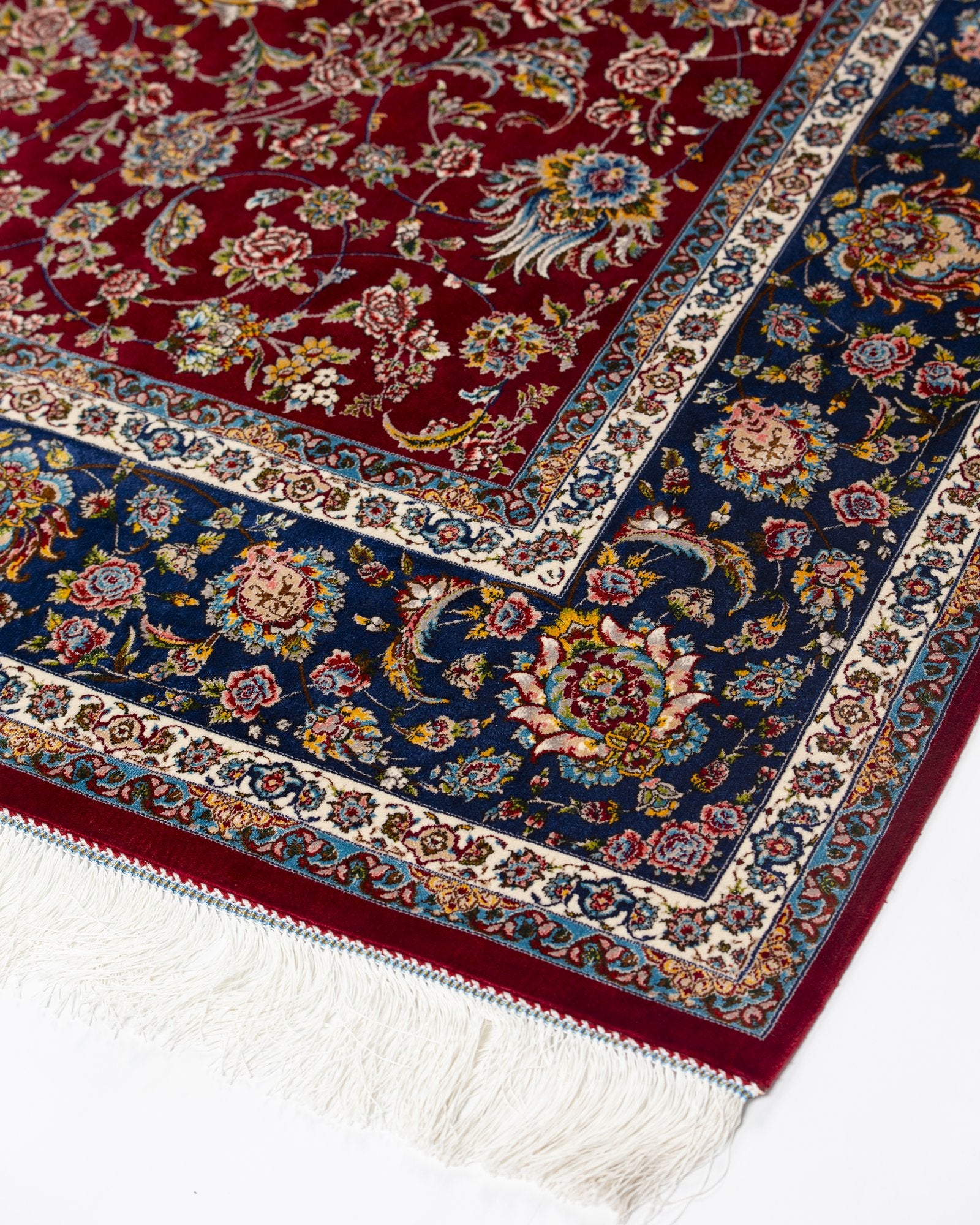 Alessia silk carpet field pattern detail in ruby red, 200 x 300 cm - Tabeer Homes Dubai