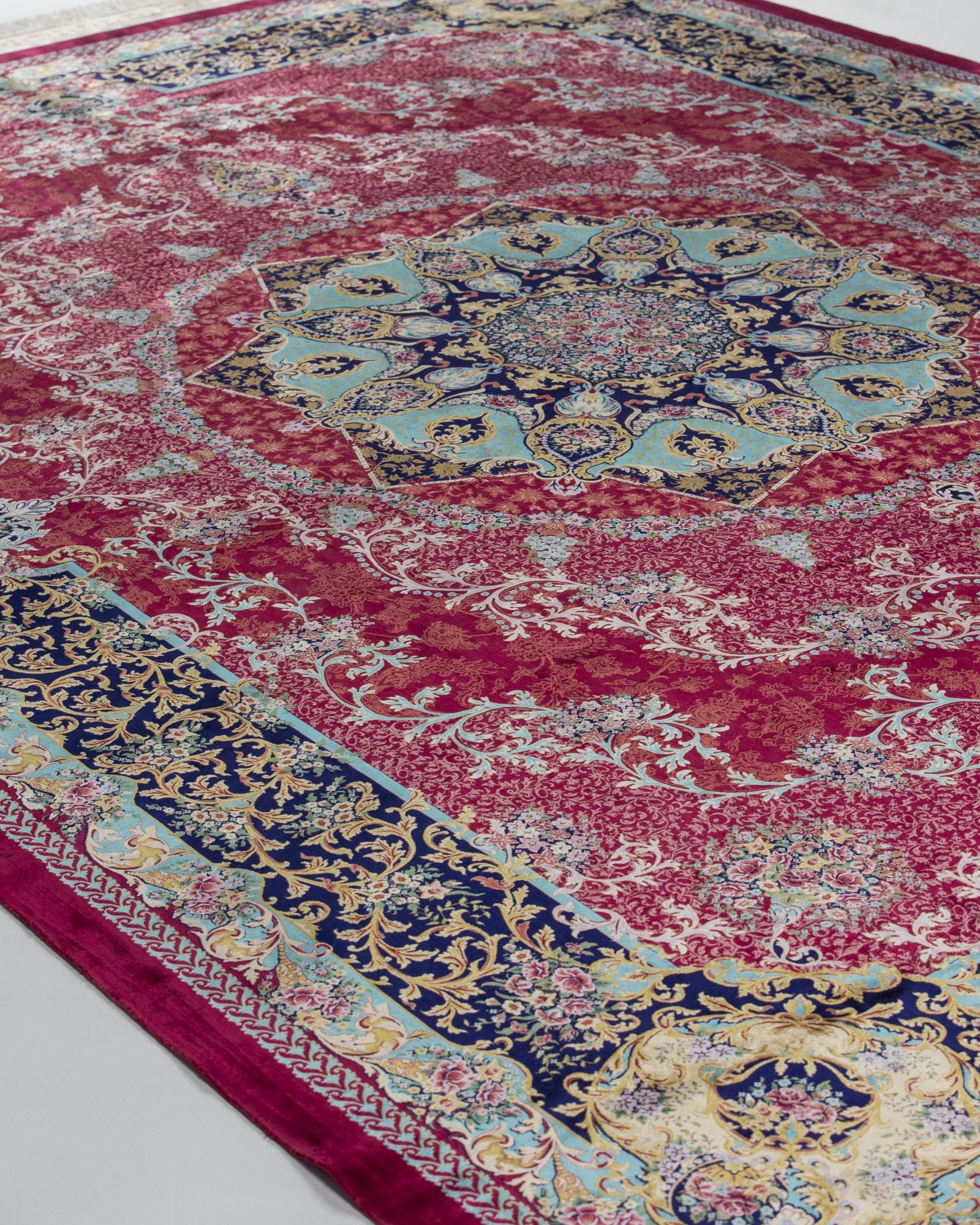 Almeria Persian silk carpet design detail in ruby red, 250 x 350 cm - Tabeer Homes Dubai