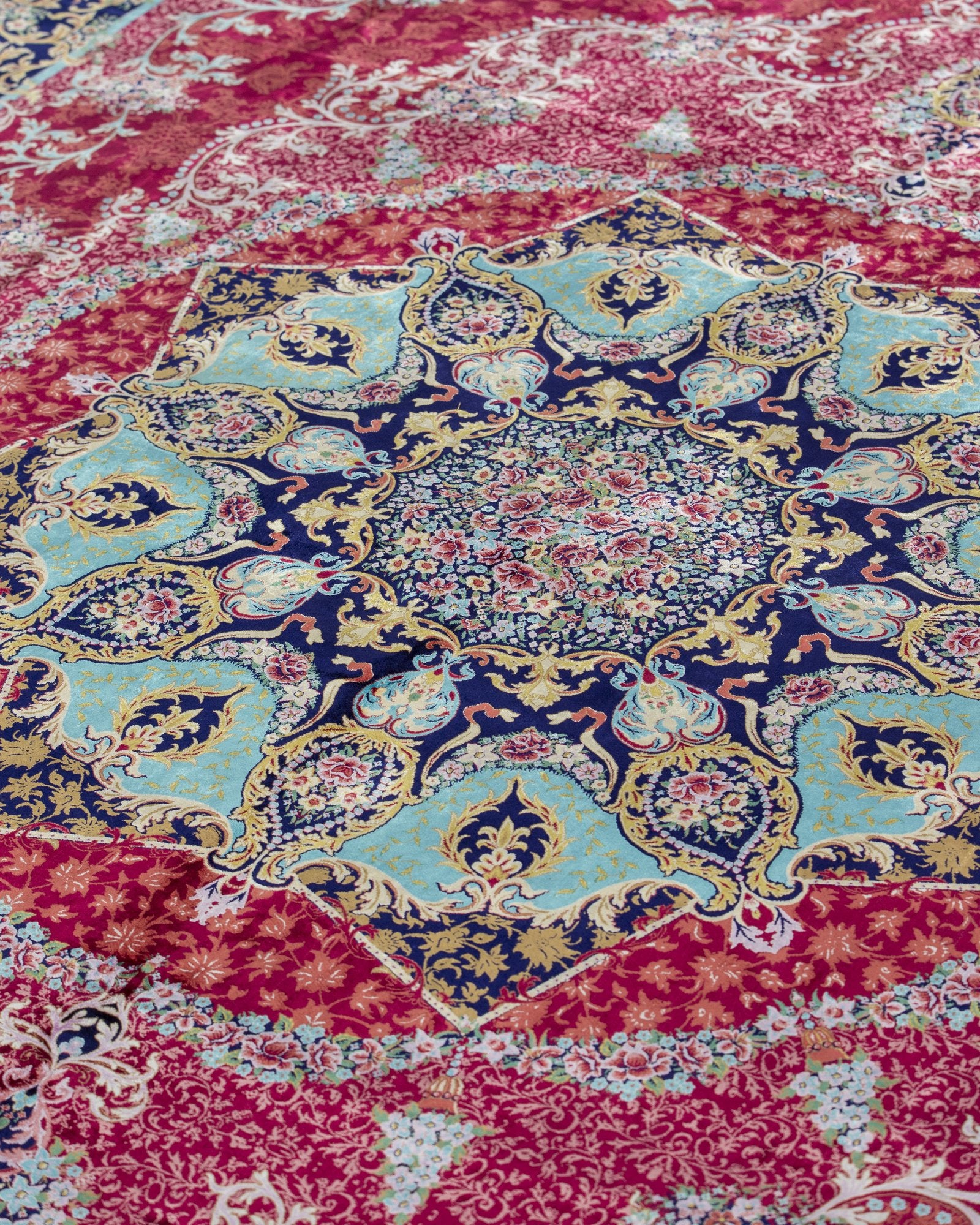 Almeria Persian silk rug pile texture and sheen, ruby red 250 x 350 cm - Tabeer Homes Dubai