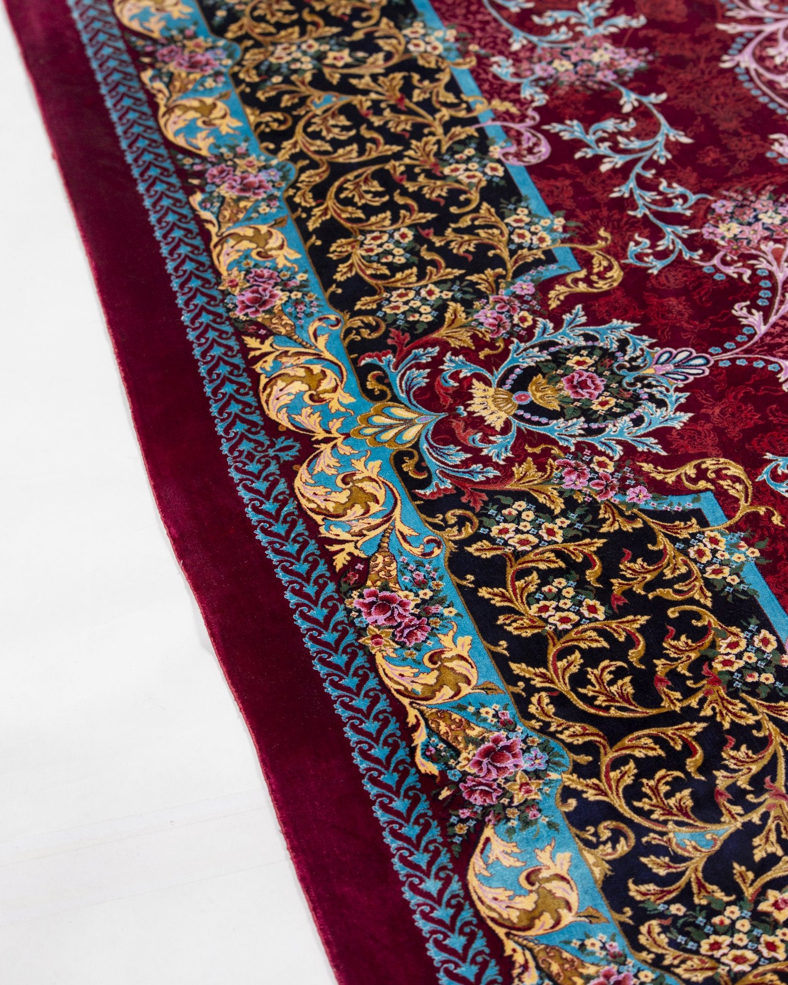 Almeria silk carpet field pattern detail in ruby red, 250 x 350 cm - Tabeer Homes Dubai