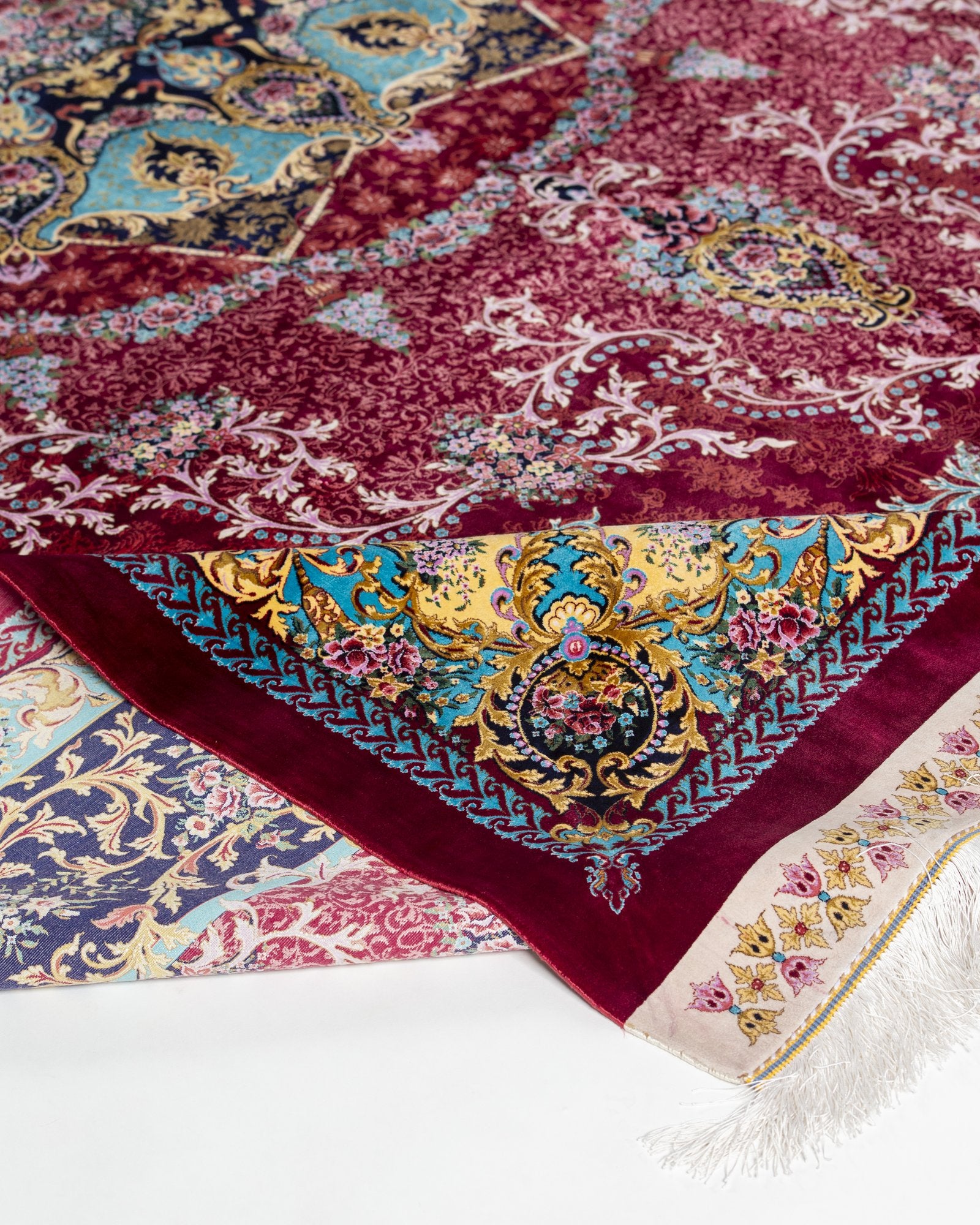 Almeria silk carpet spandrel and guard border in ruby red, 250 x 350 cm - Tabeer Homes Dubai