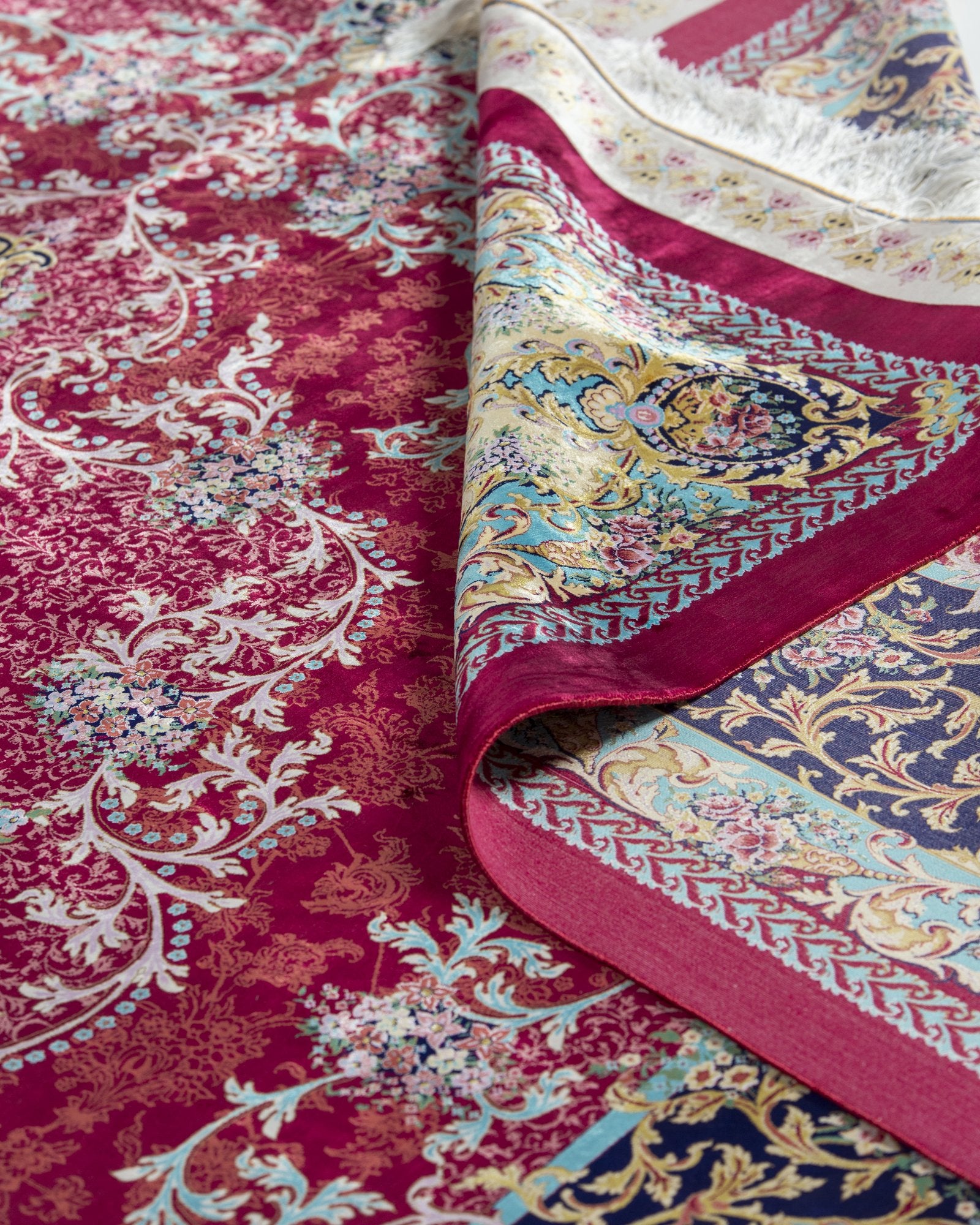 Almeria silk carpet knot density and detail, ruby red 250 x 350 cm - Tabeer Homes Dubai