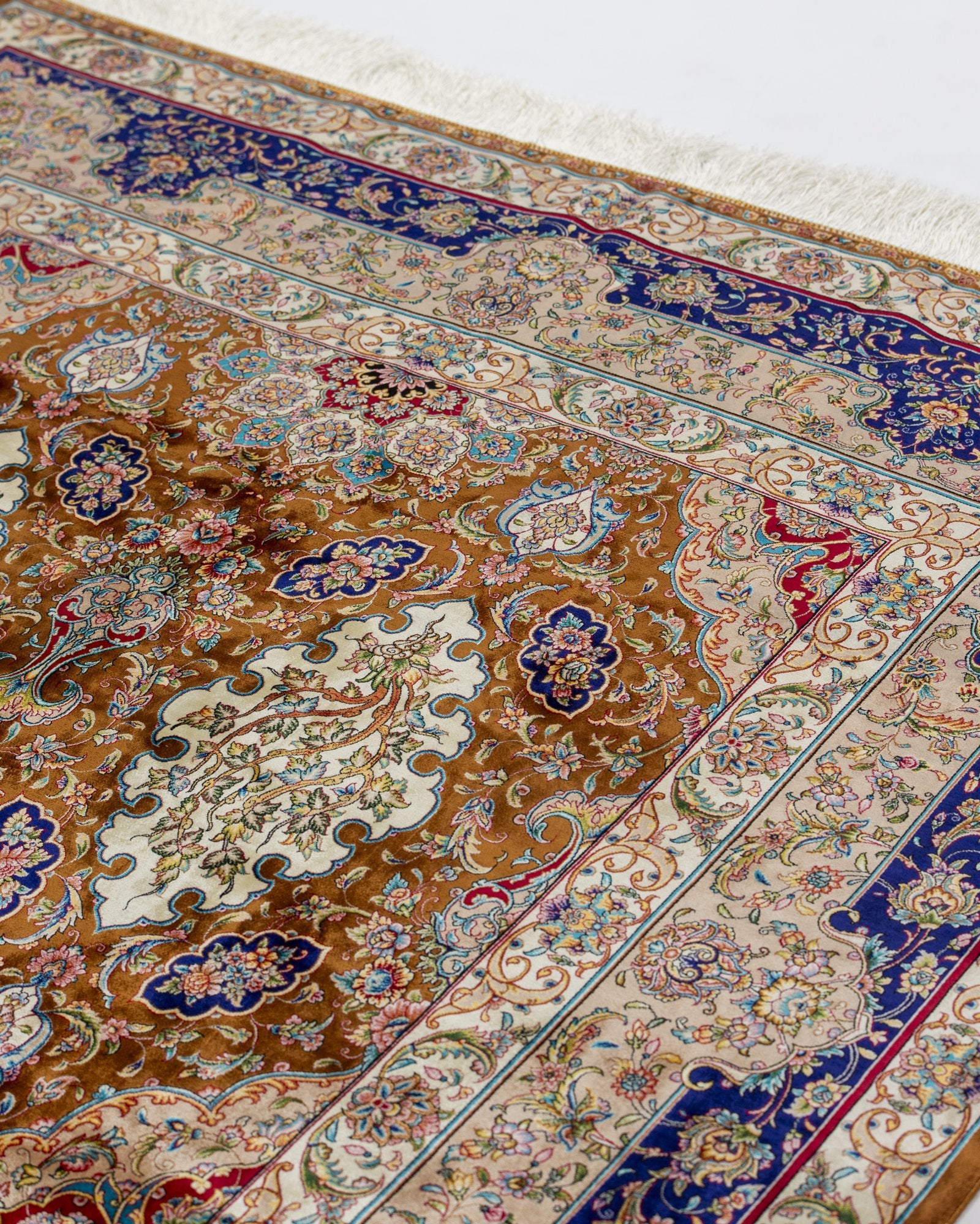 Ambra Persian silk carpet medallion close-up, camel 225x150 cm - Tabeer Homes Dubai