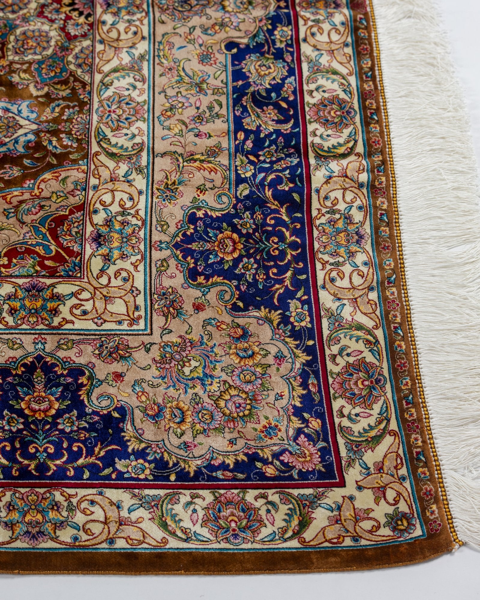 Ambra Persian silk carpet pile texture close-up, camel 225x150 cm - Tabeer Homes Dubai