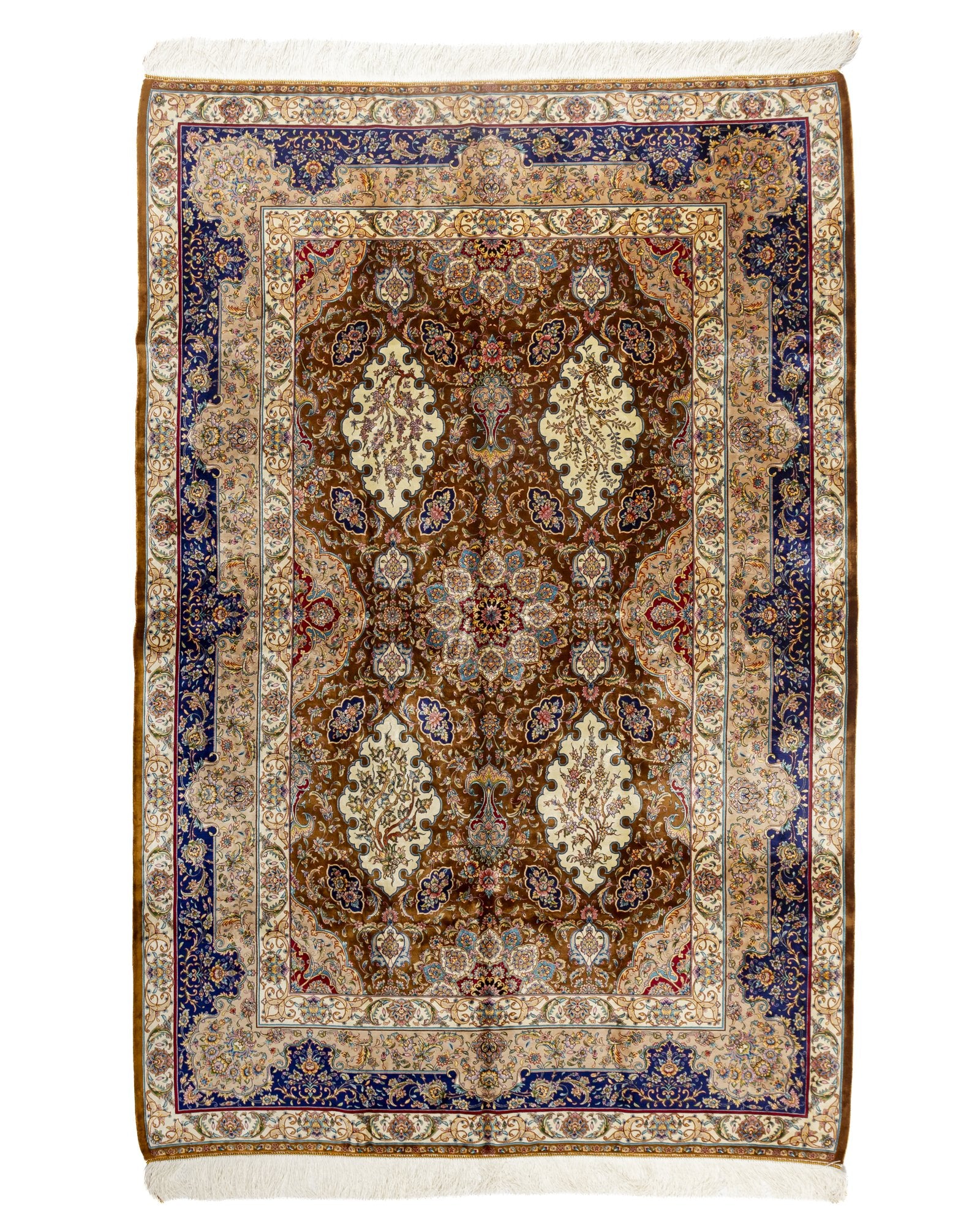Ambra Persian silk carpet 225x150 cm in camel, full overhead view - Tabeer Homes Dubai