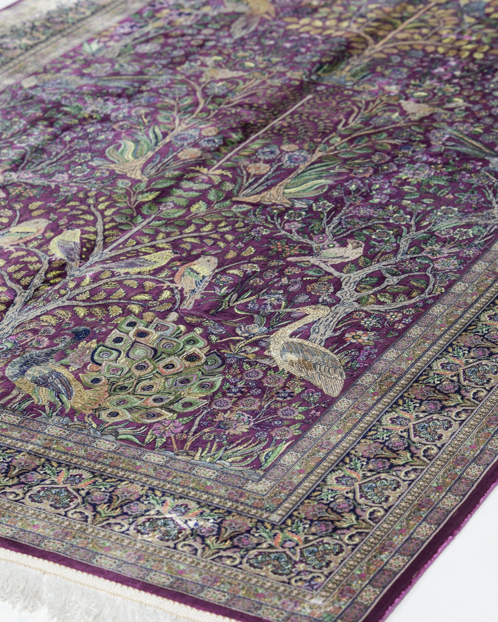 Anahita Persian silk and wool carpet design detail, aubergine 225x150 cm - Tabeer Homes Dubai
