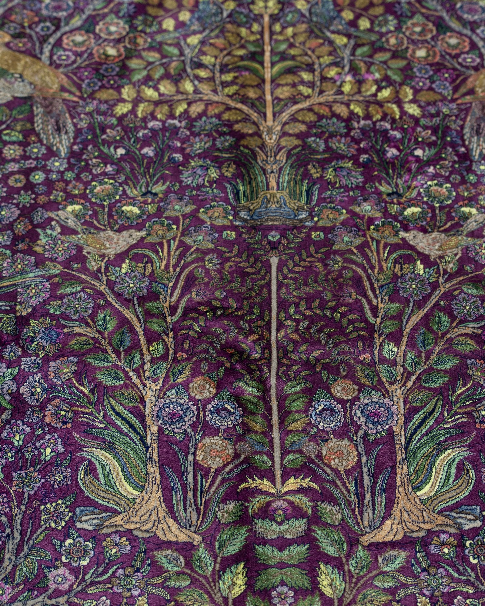 Anahita Persian silk and wool carpet border and pattern detail, aubergine 225x150 cm - Tabeer Homes Dubai