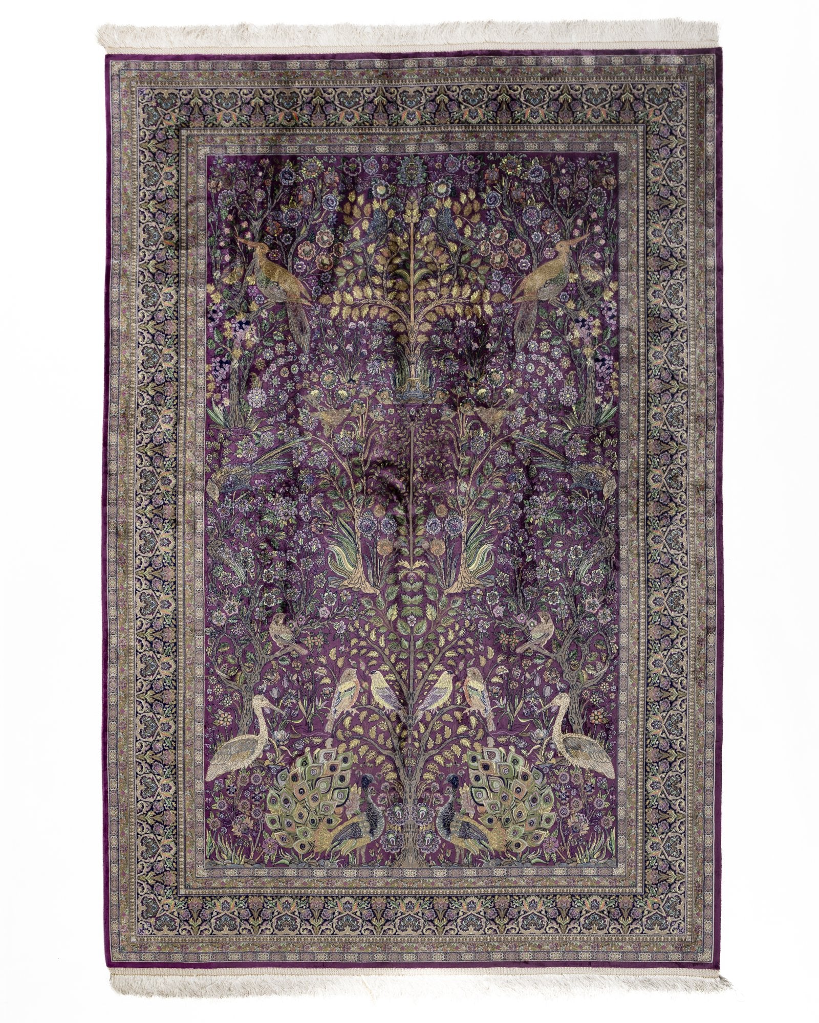 Anahita Persian silk and wool carpet 225x150 cm in aubergine, full overhead view - Tabeer Homes Dubai