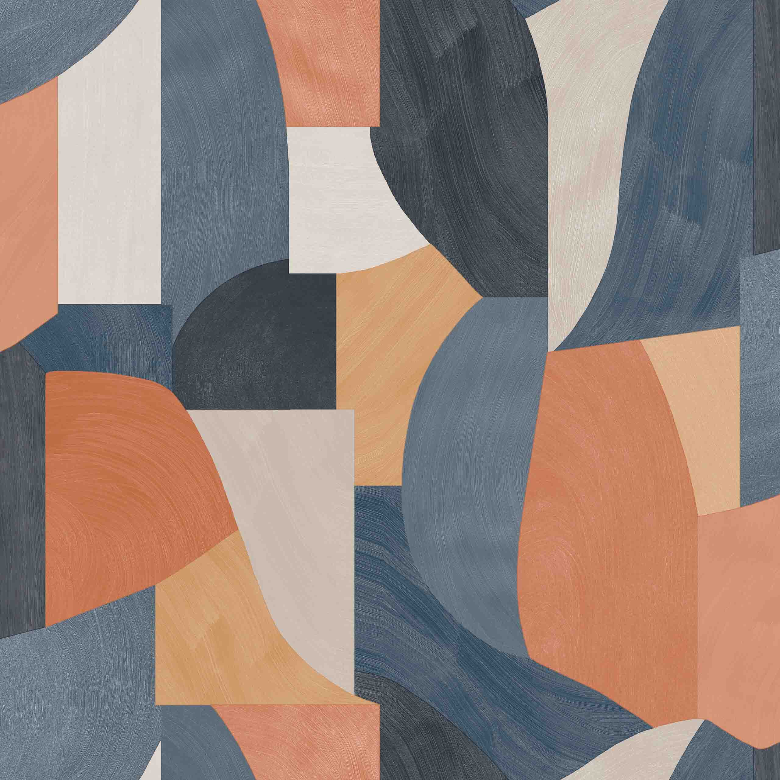 Close-up of Apex wallpaper showcasing bold geometric patterns in navy, orange, and cream tones.