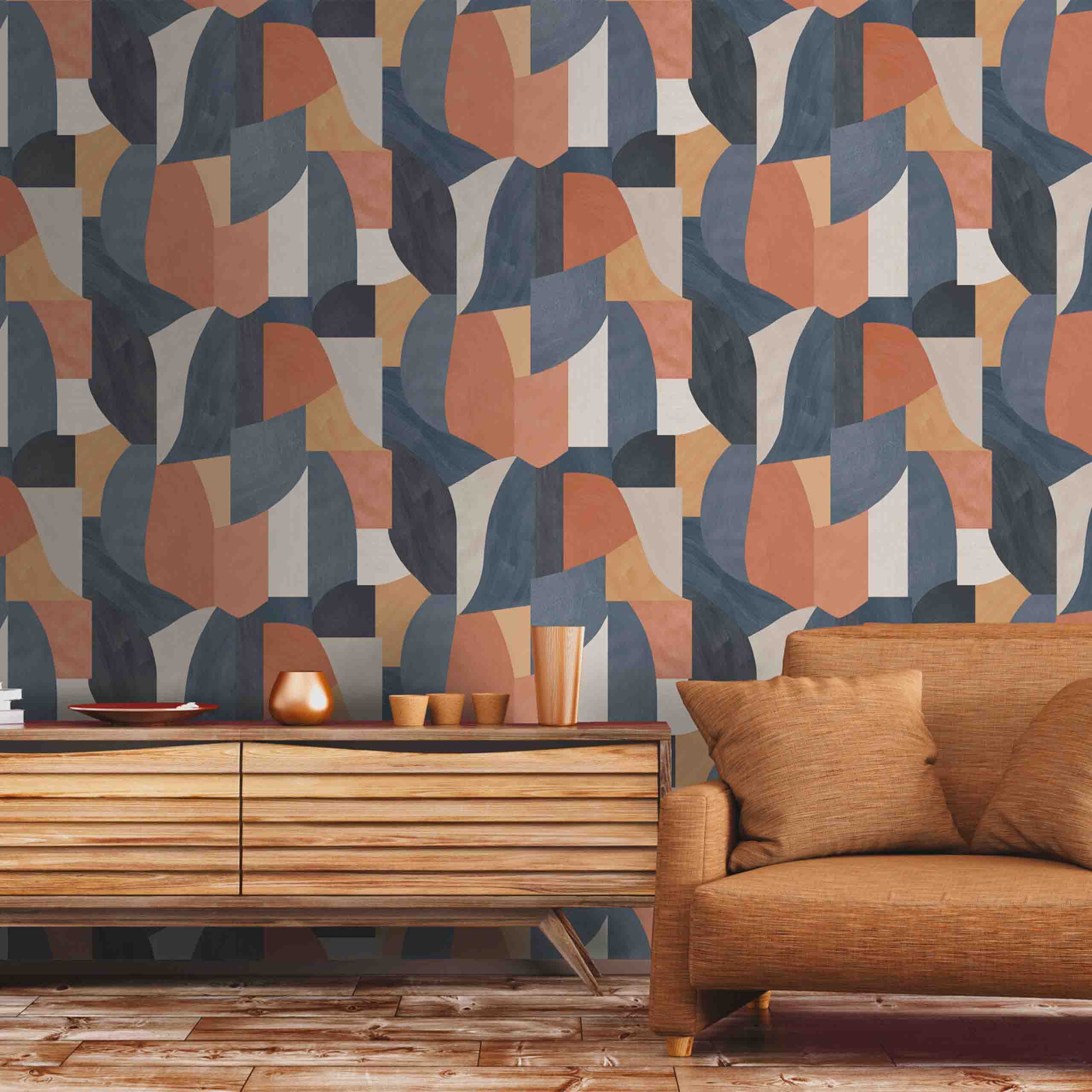 Room view of Apex wallpaper featuring navy, orange, and cream geometric design for modern interiors. 