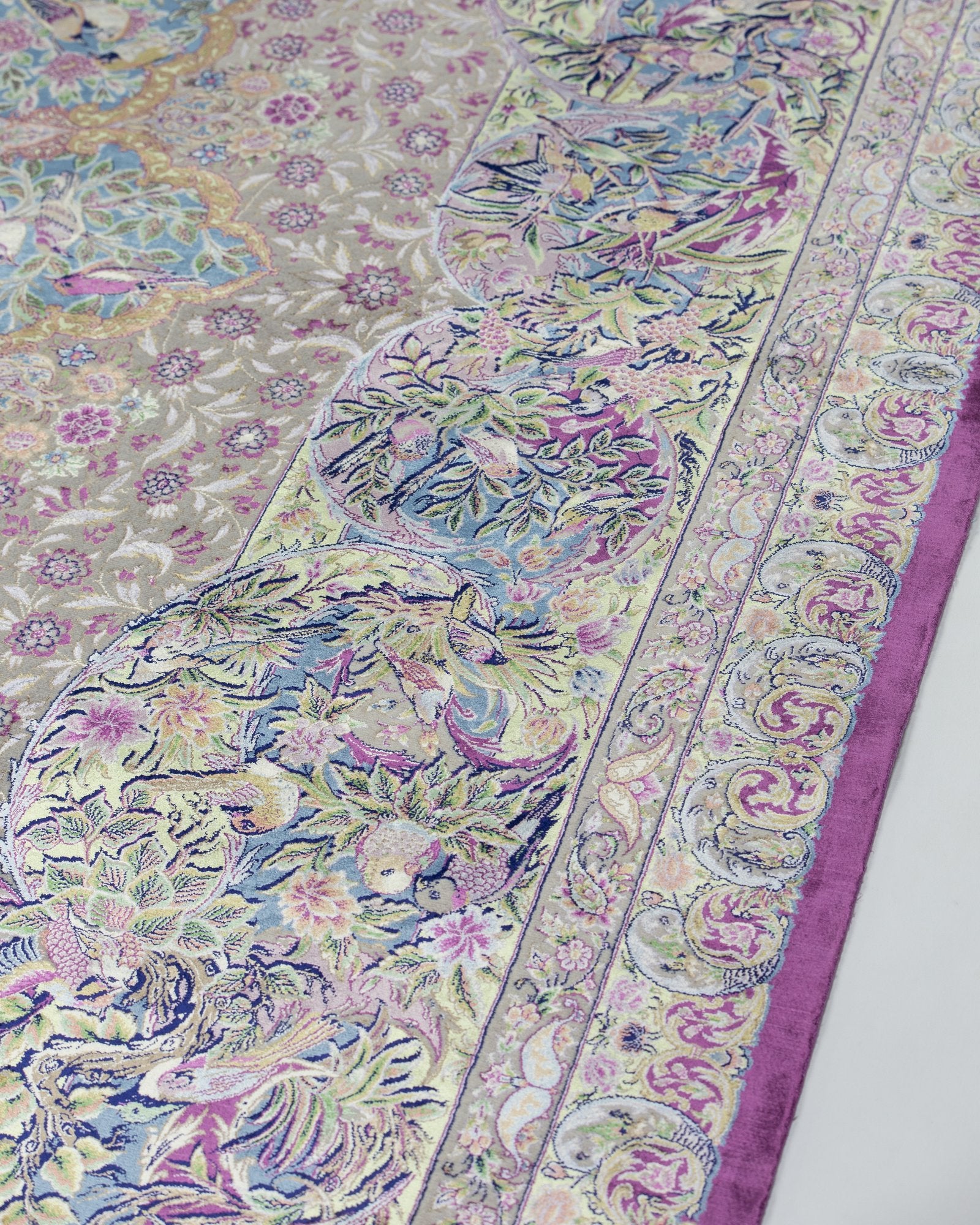 Arezoo Persian silk and wool rug pile texture and sheen, silver lilac 200 x 300 cm - Tabeer Homes Dubai