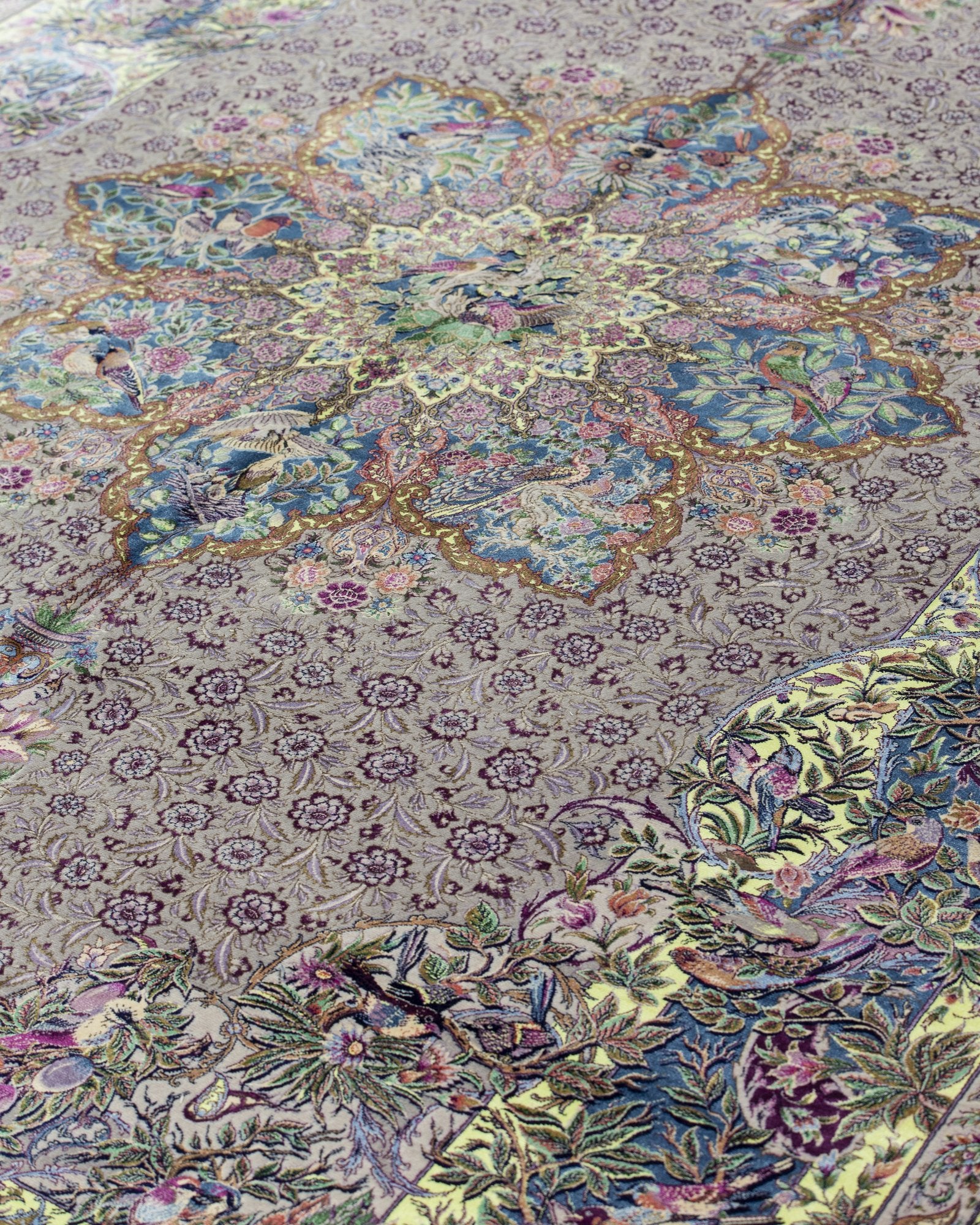 Arezoo silk and wool carpet floral motif close-up in silver lilac, 200 x 300 cm - Tabeer Homes Dubai