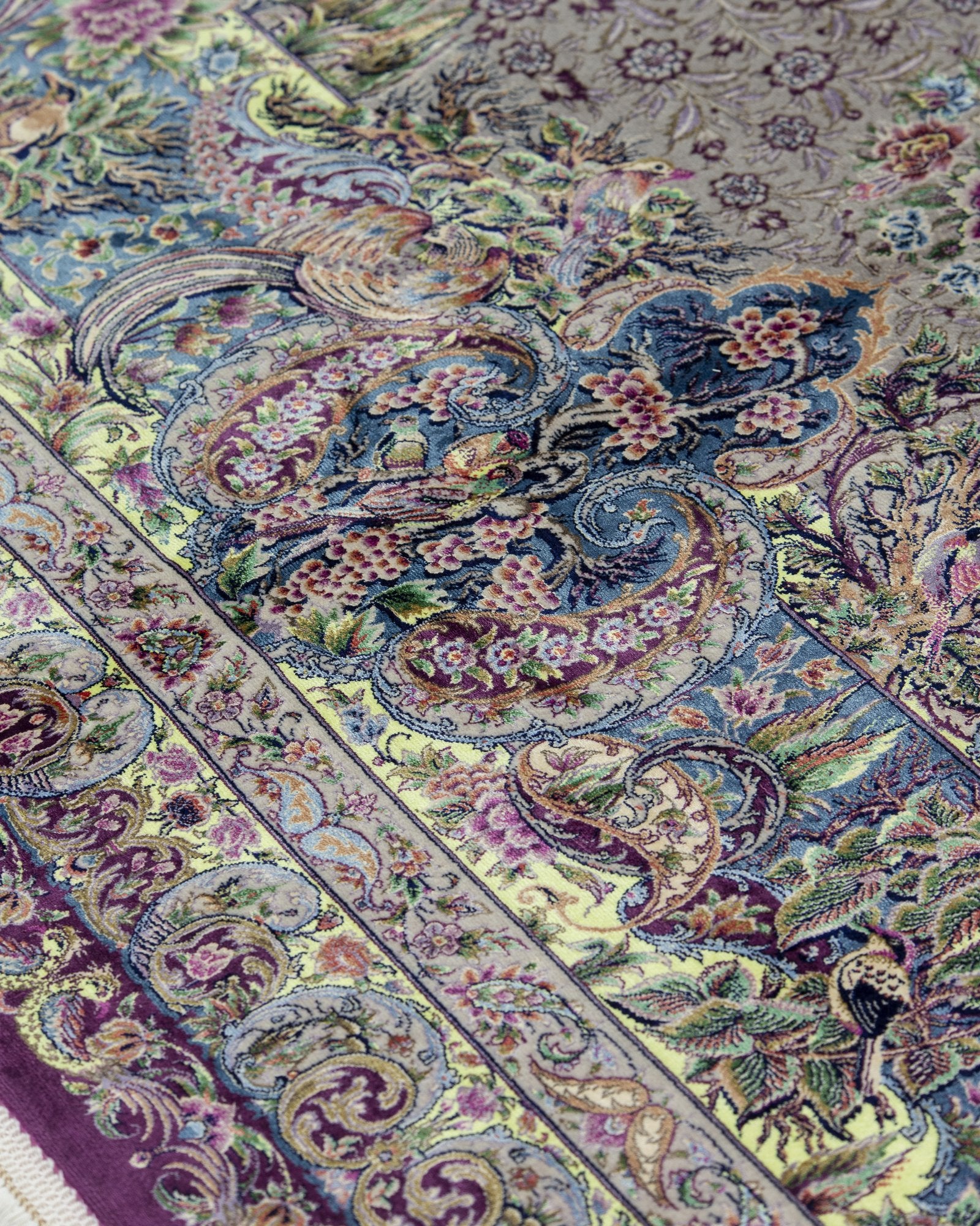 Arezoo silk and wool carpet field pattern detail in silver lilac, 200 x 300 cm - Tabeer Homes Dubai