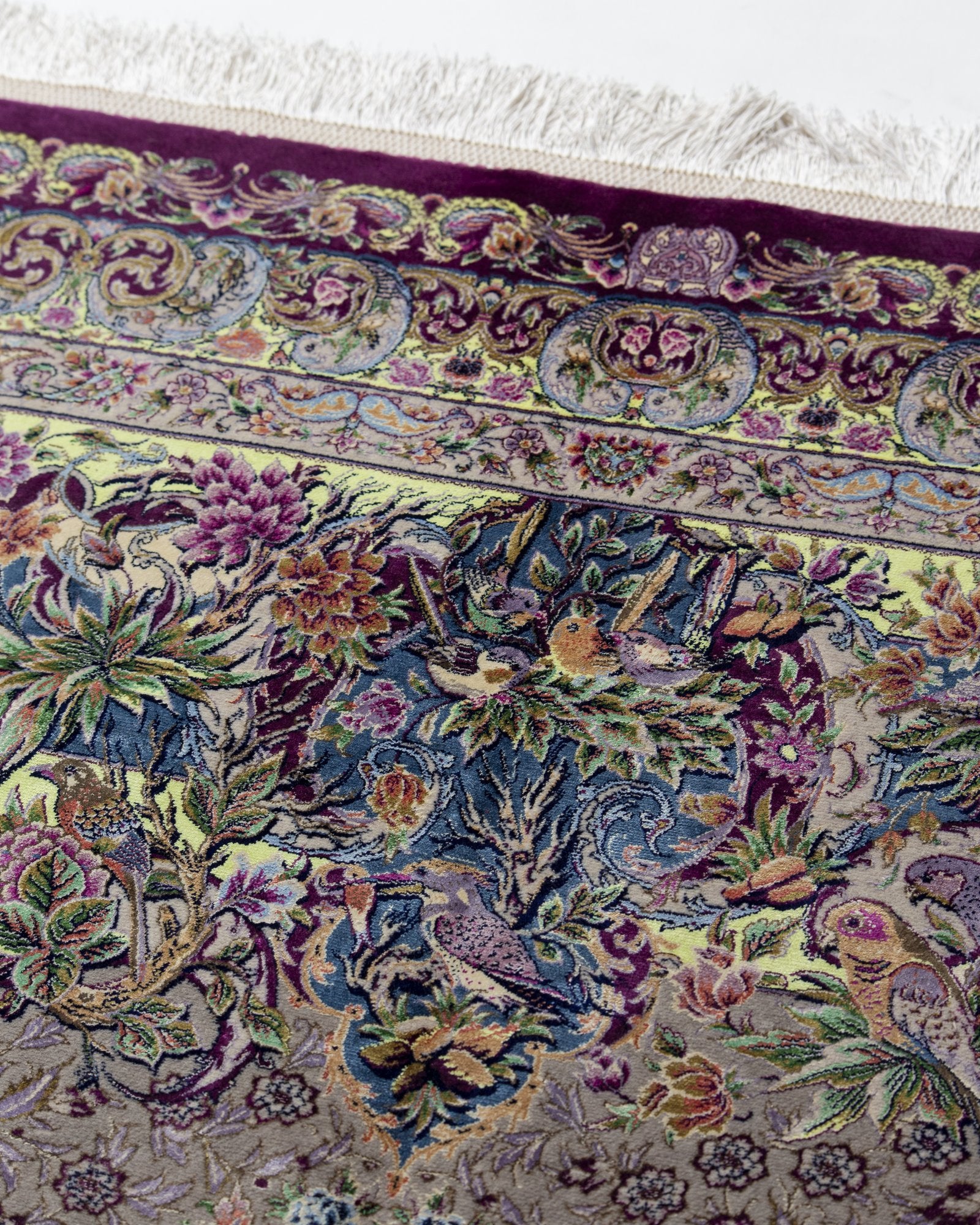 Arezoo silk and wool carpet spandrel and guard border in silver lilac, 200 x 300 cm - Tabeer Homes Dubai