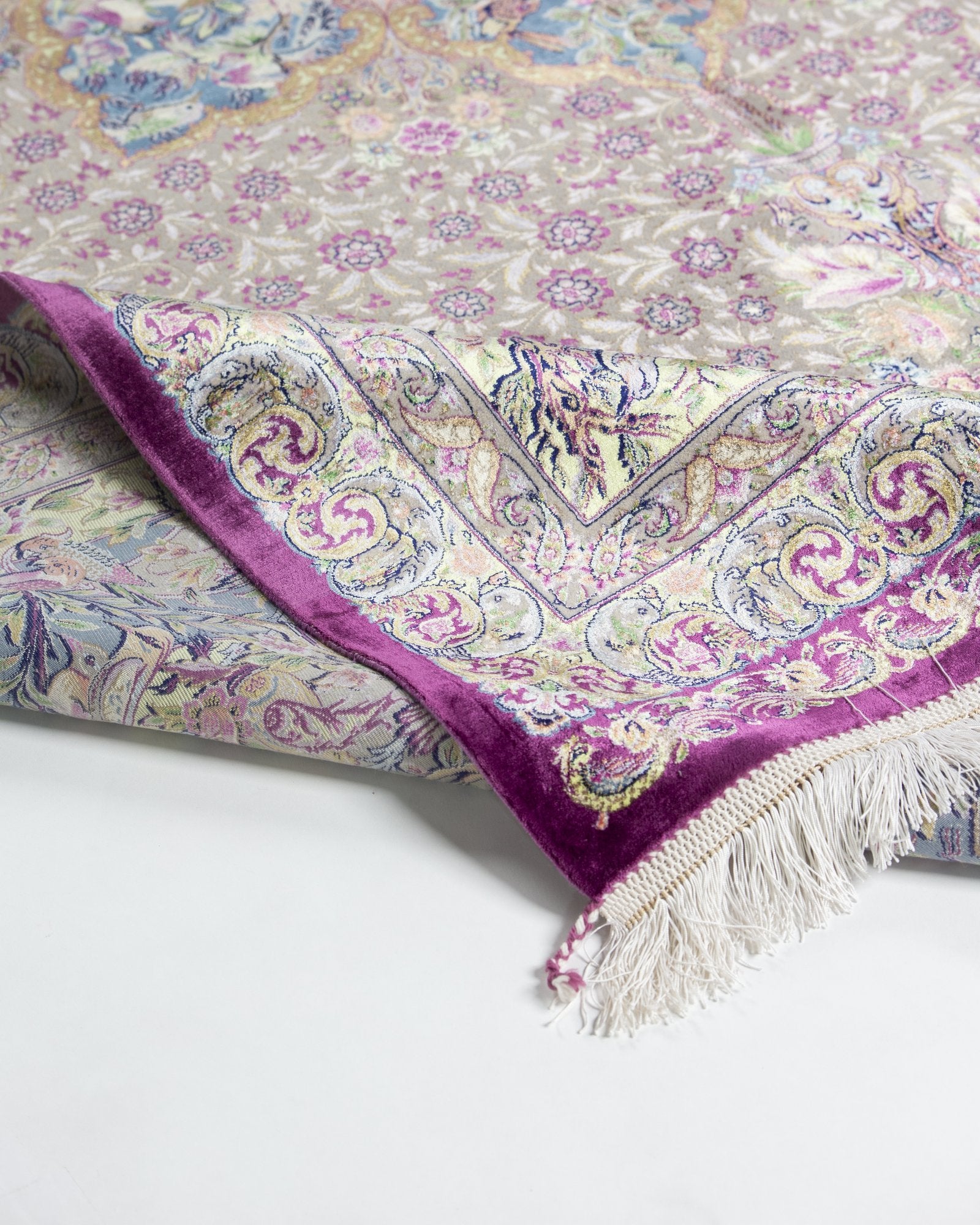 Arezoo Persian silk and wool rug side view showing depth of colour, silver lilac 200 x 300 cm - Tabeer Homes Dubai