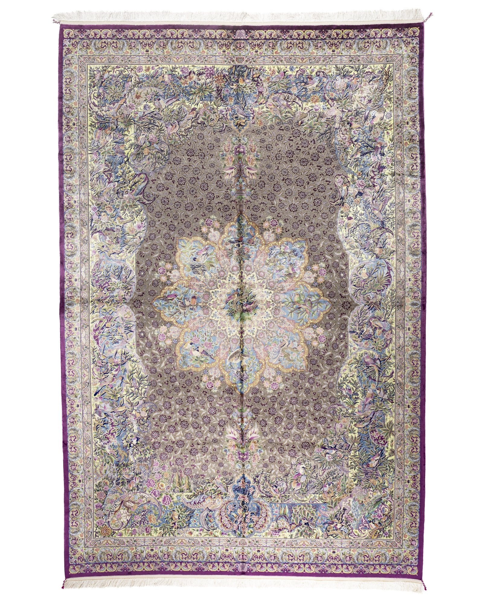 Arezoo Persian silk and wool carpet 200 x 300 cm in silver lilac, full overhead view - Tabeer Homes Dubai