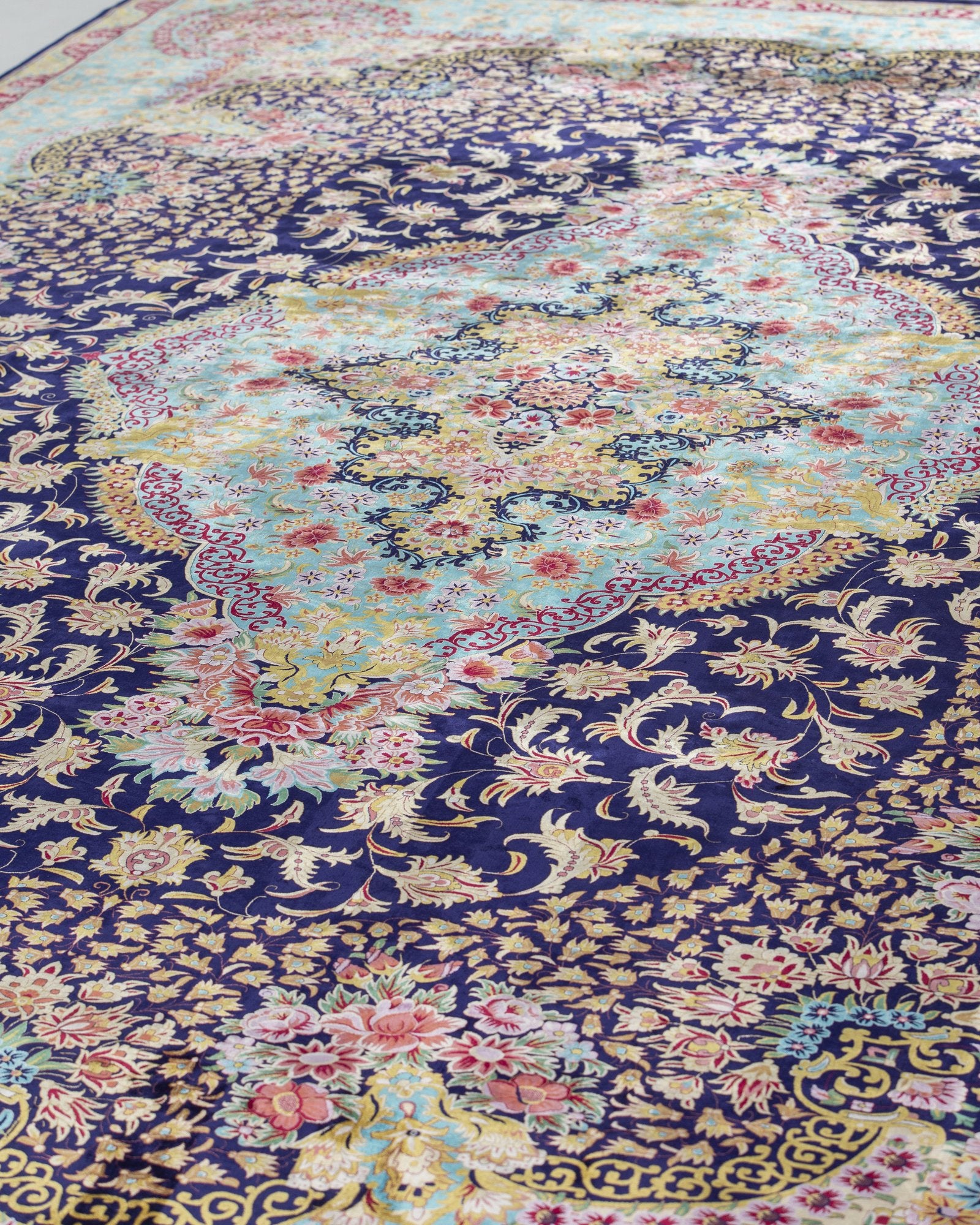 Ariana Persian silk carpet design detail in turquoise and navy, 300 x 400 cm - Tabeer Homes Dubai