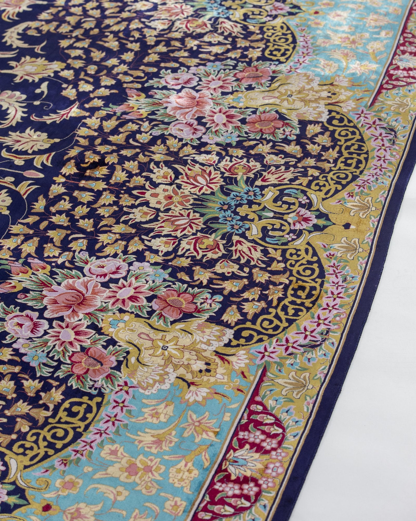 Ariana Persian silk rug centre medallion close-up, turquoise and navy 300 x 400 cm - Tabeer Homes Dubai