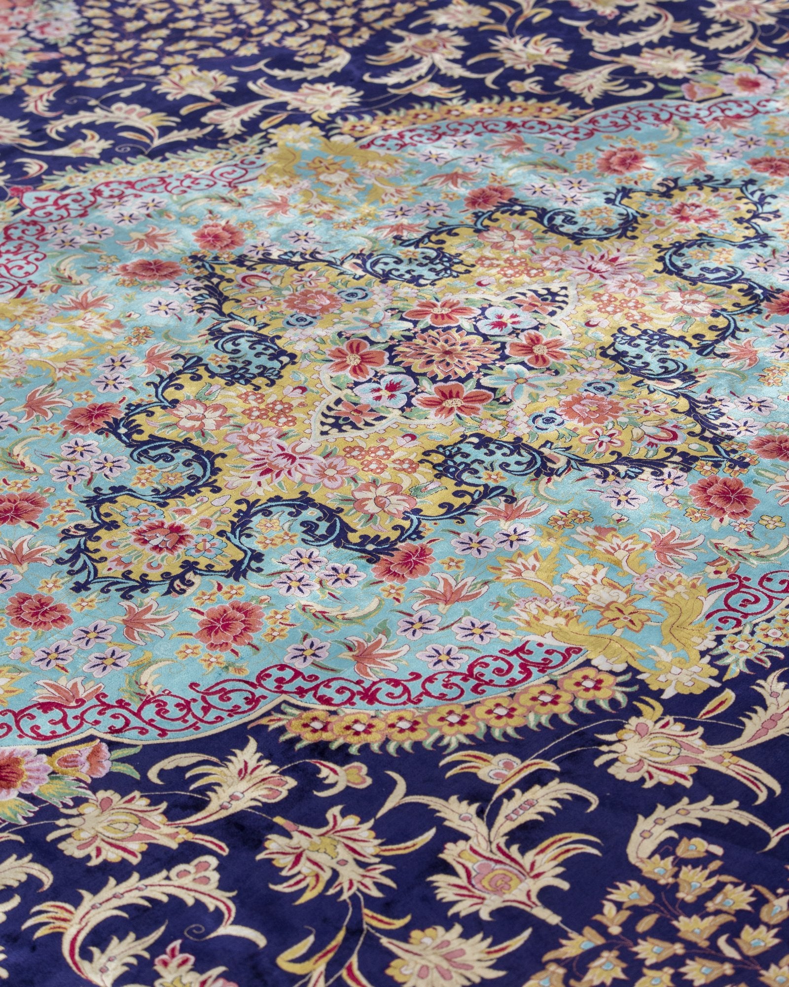 Ariana silk carpet border and corner detail in turquoise and navy, 300 x 400 cm - Tabeer Homes Dubai