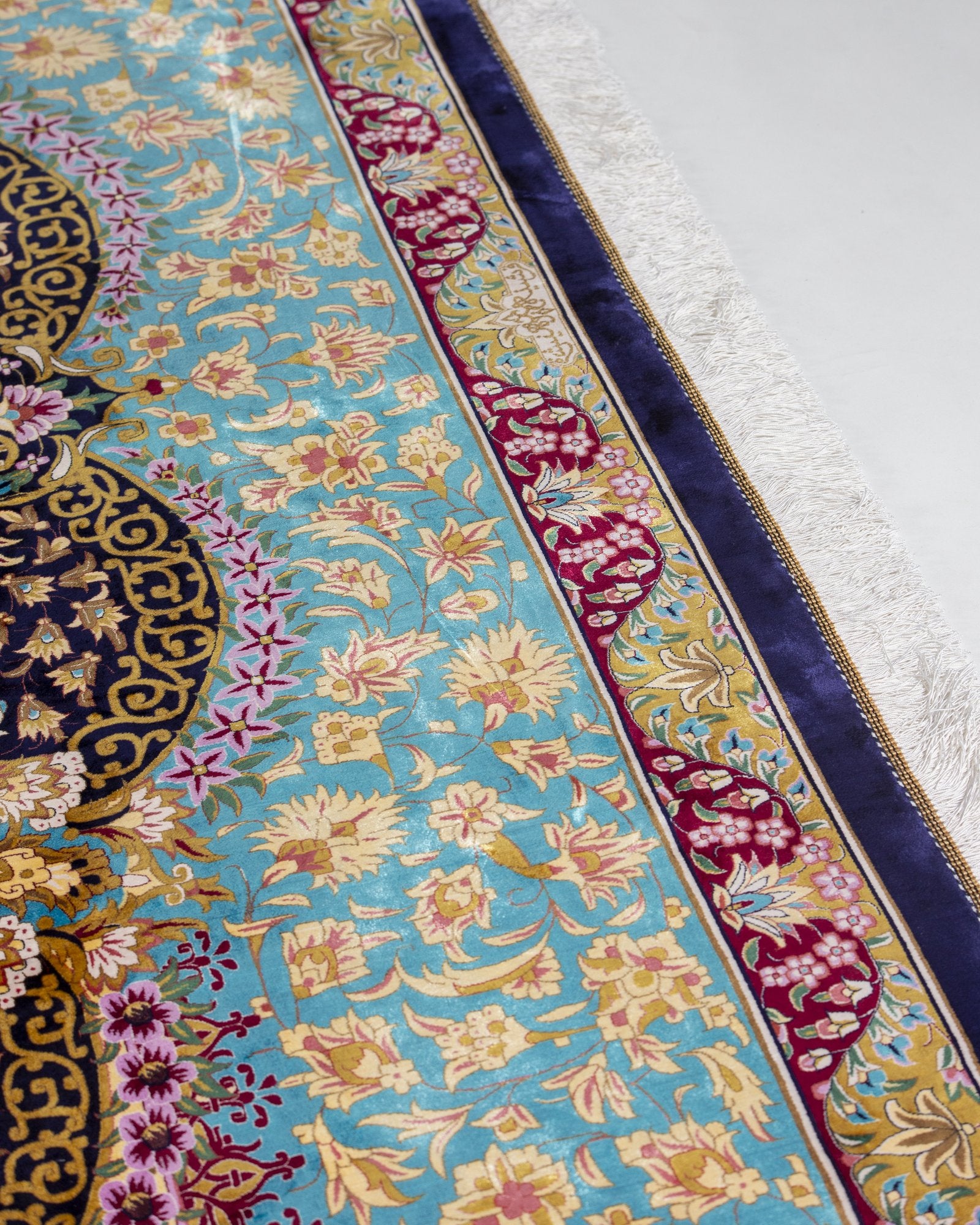 Ariana Persian silk rug pile texture and sheen, turquoise and navy 300 x 400 cm - Tabeer Homes Dubai
