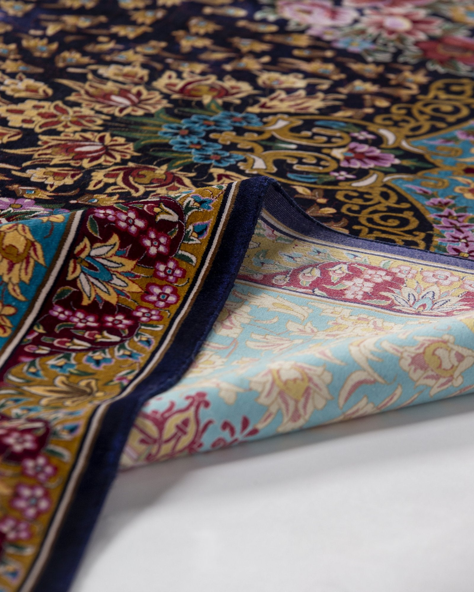 Ariana silk carpet field pattern detail in turquoise and navy, 300 x 400 cm - Tabeer Homes Dubai