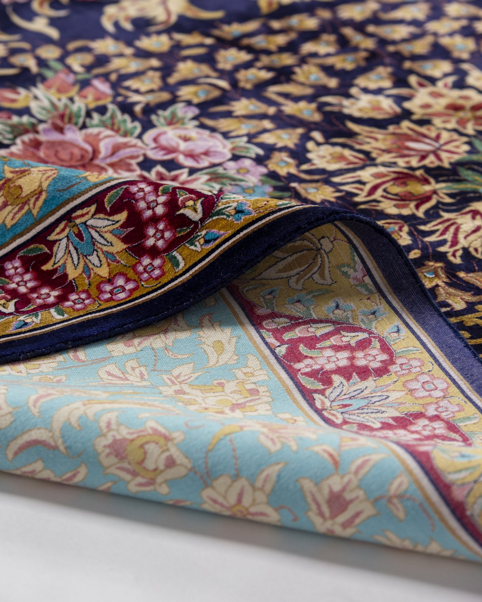 Ariana Persian silk rug edge binding and back detail, turquoise and navy 300 x 400 cm - Tabeer Homes Dubai