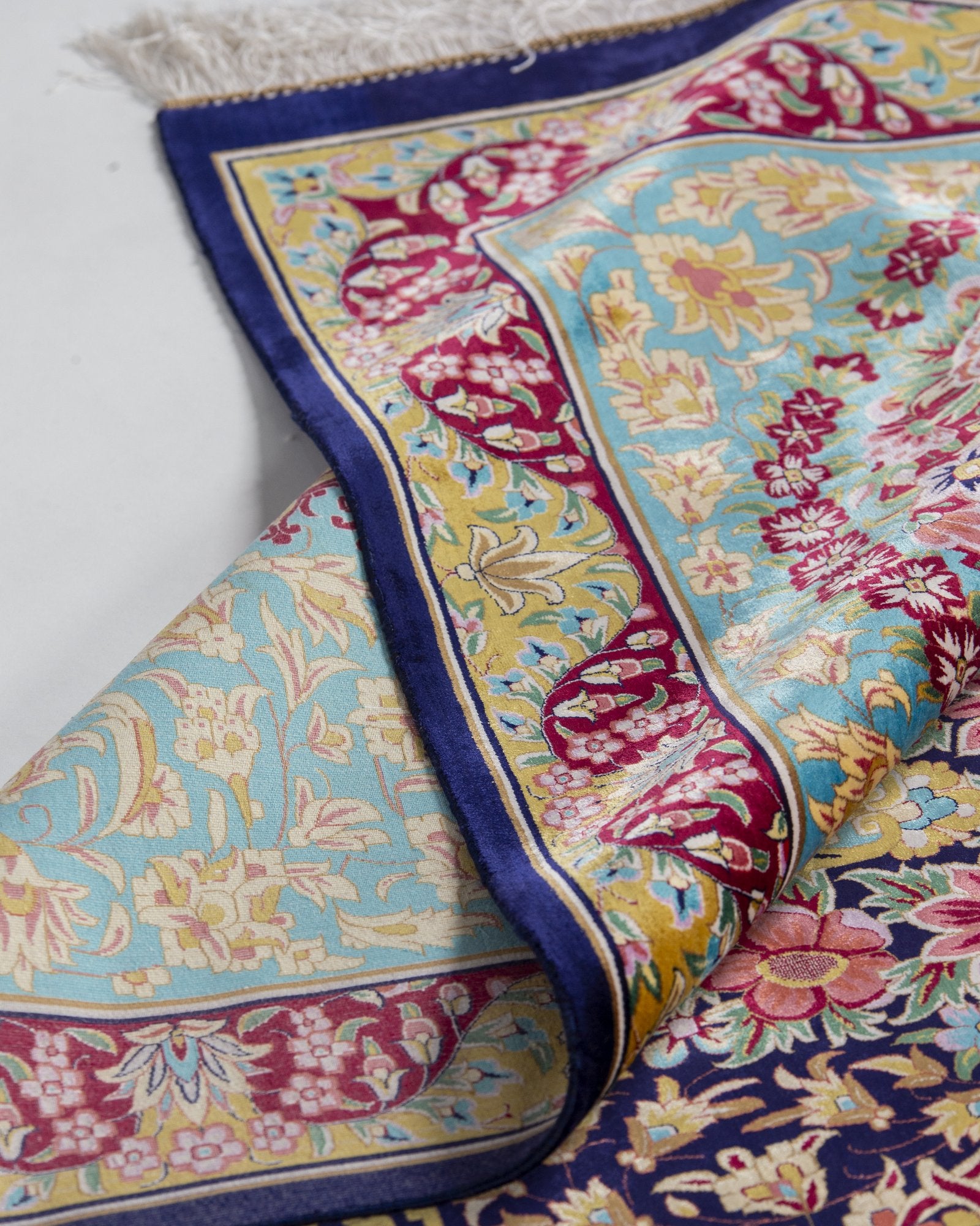 Ariana silk carpet knot density and detail, turquoise and navy 300 x 400 cm - Tabeer Homes Dubai