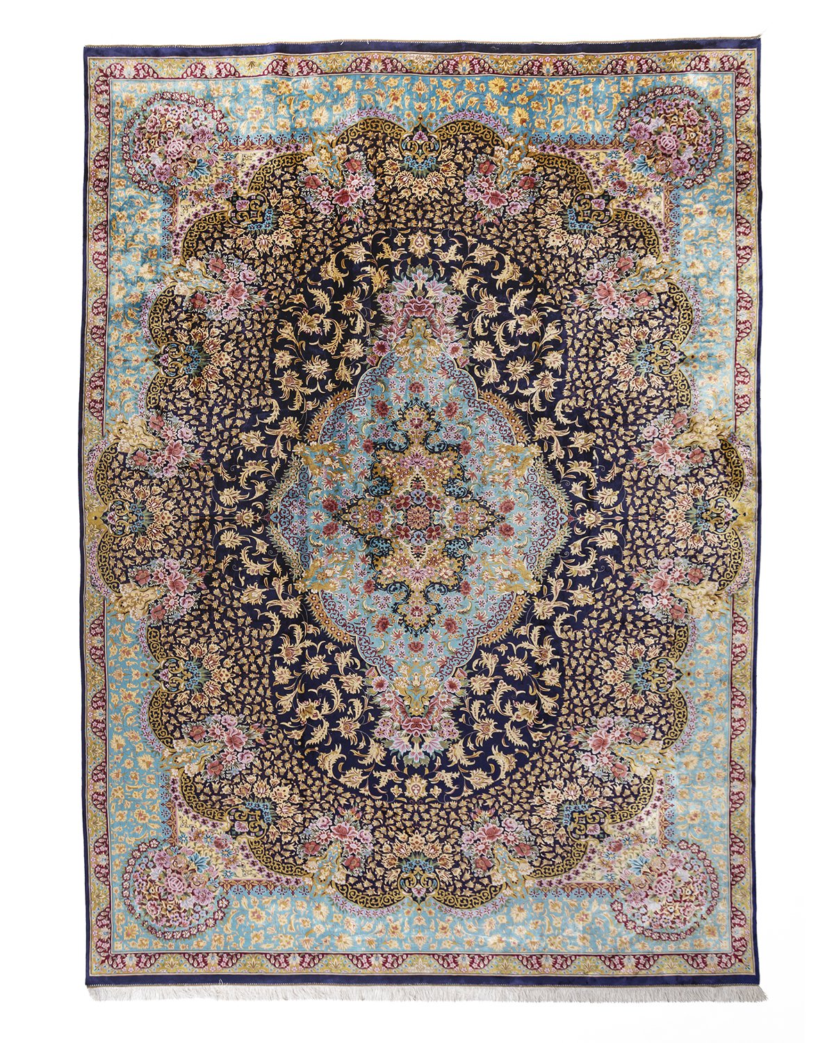 Ariana Persian silk carpet 300 x 400 cm in turquoise and navy, full overhead view - Tabeer Homes Dubai