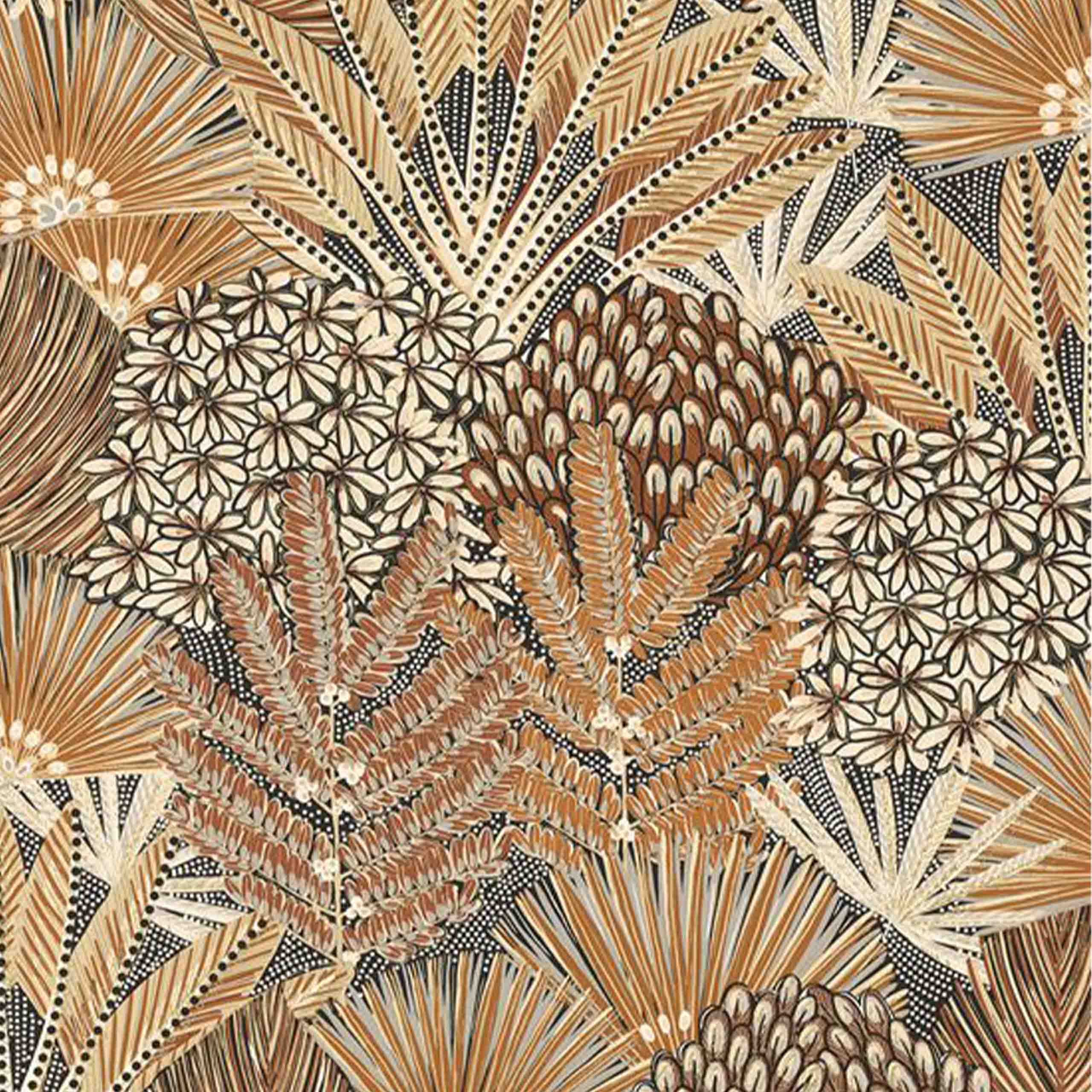 Aurelia vinyl wallpaper featuring intricate botanical and floral designs in rich brown and orange tones, perfect for stylish interiors.