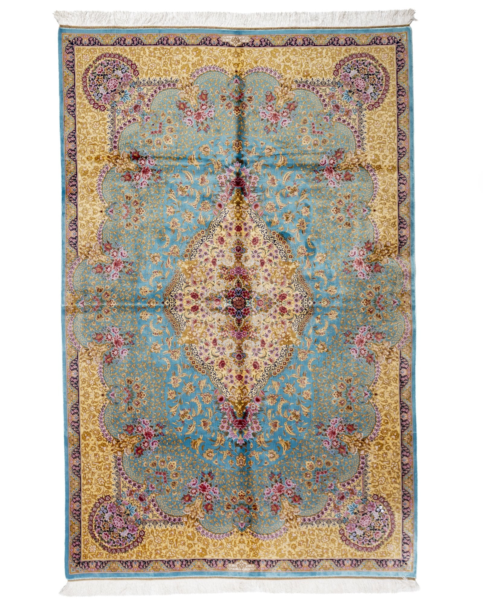 Aurelia teal silk rug 225 x 150 cms with a medallion design