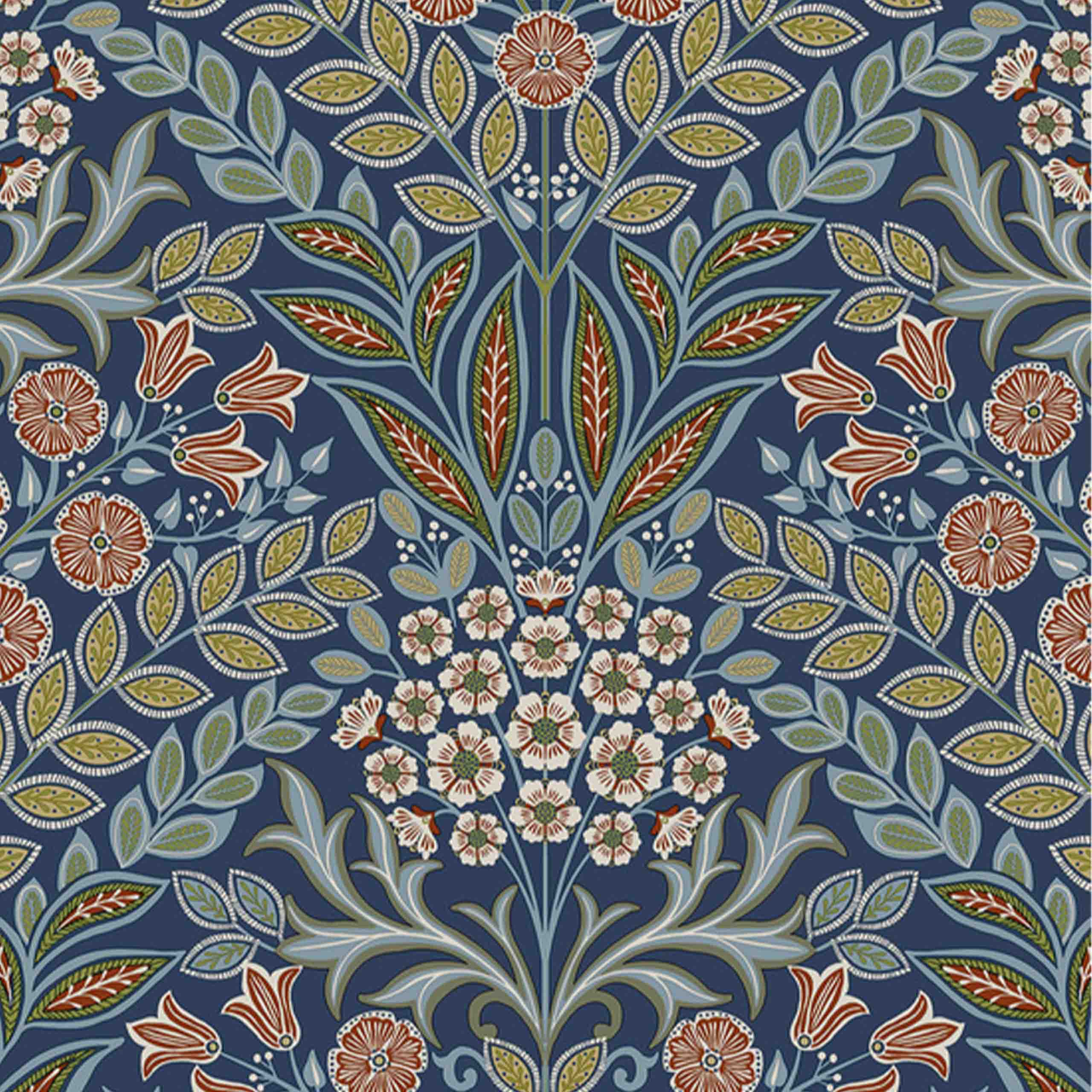 Aveline vinyl wallpaper featuring intricate floral patterns in rich blue tones, perfect for elegant and timeless interiors.