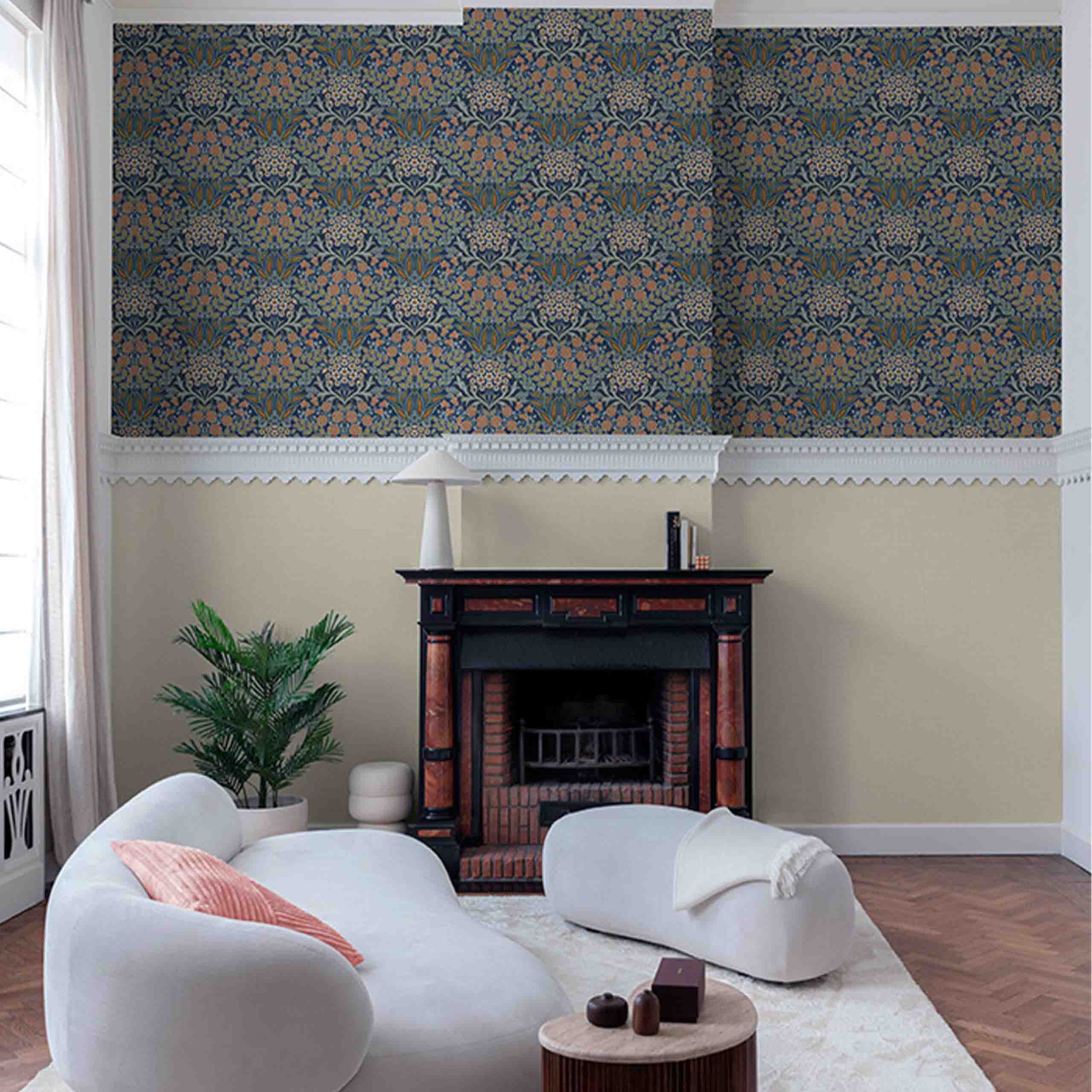 Aveline wallpaper displayed in a stylish living room setting, showcasing floral designs in vibrant blue tones. 