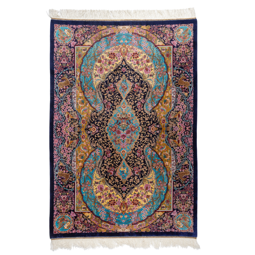 Azmin Silk Rug featuring navy base with gold vines, teal medallions, and pink floral detailing, 150x100 cm.