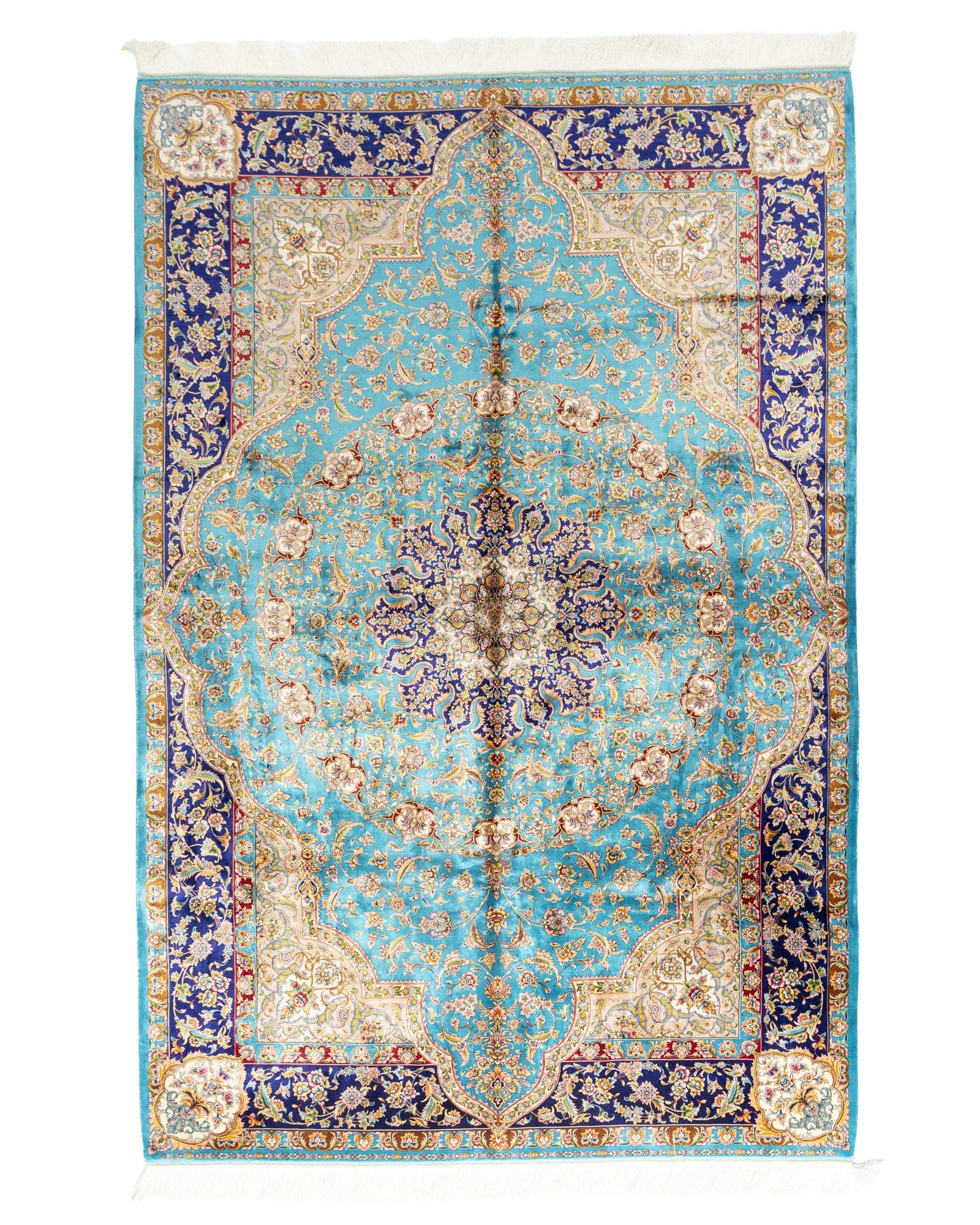 Marina turquoise silk rug 225 x 150 cms with a central medallion design