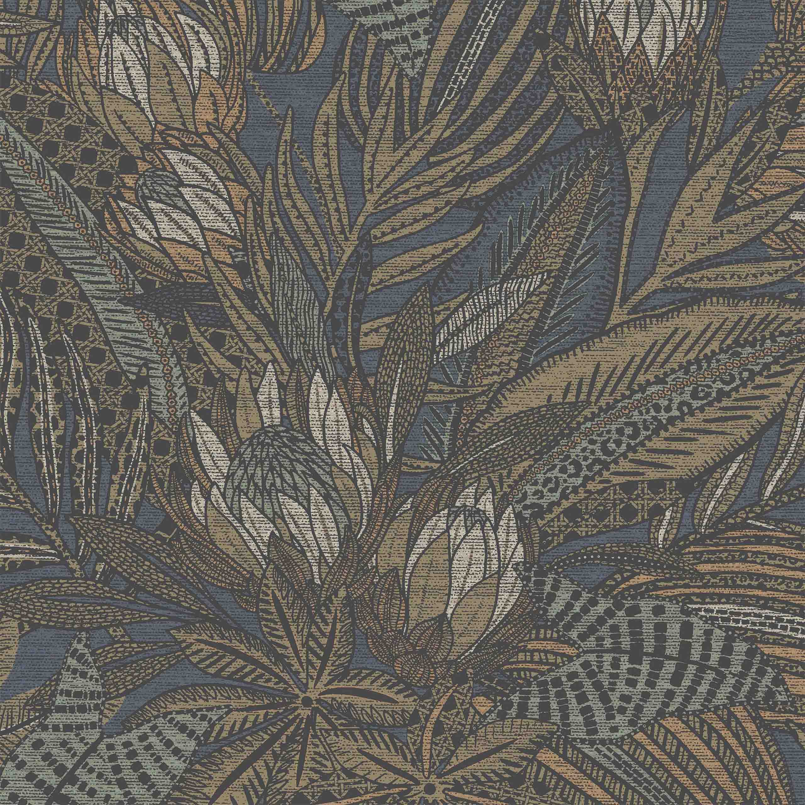 Closeup of the Azure botanical wallpaper in rich blue tones with intricate leaf and floral patterns on a non-woven texture.