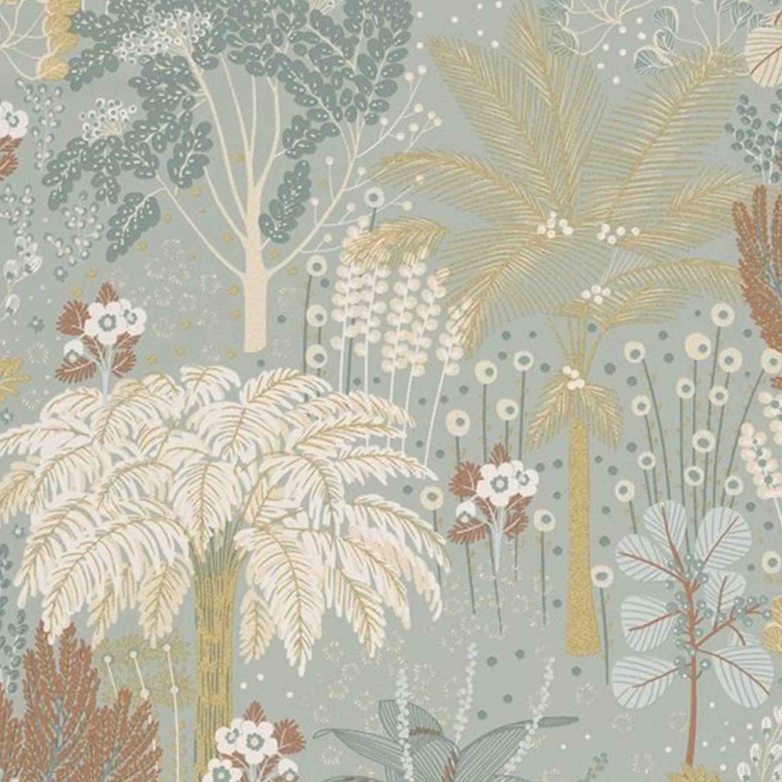 Azurea vinyl wallpaper featuring elegant botanical and floral designs in blue, beige, and green tones, inspired by natural landscapes. 