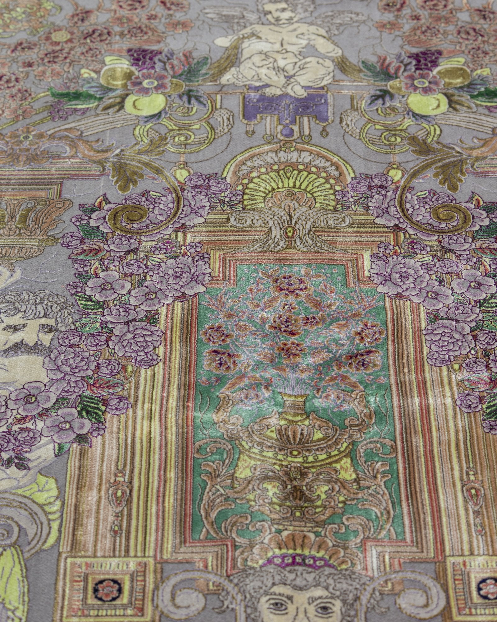 Bahareh Persian silk and wool rug centre medallion close-up, sage green 225 x 150 cm - Tabeer Homes Dubai