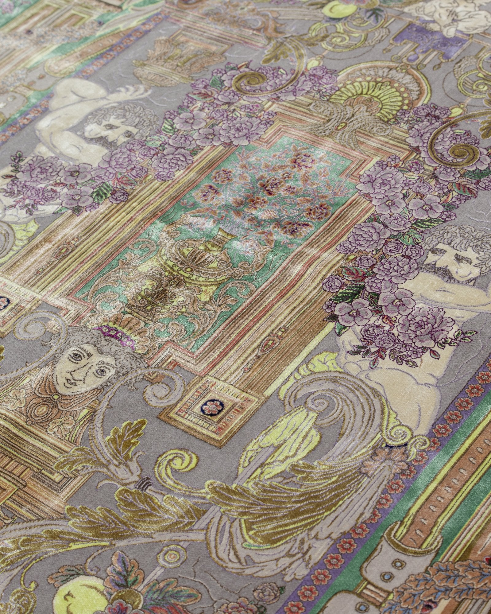 Bahareh silk and wool carpet border and corner detail in sage green, 225 x 150 cm - Tabeer Homes Dubai