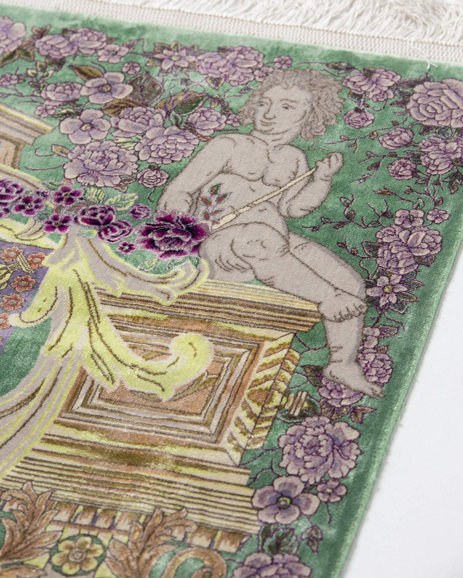 Bahareh silk and wool carpet angled view showing sage green tones, 225 x 150 cm - Tabeer Homes Dubai