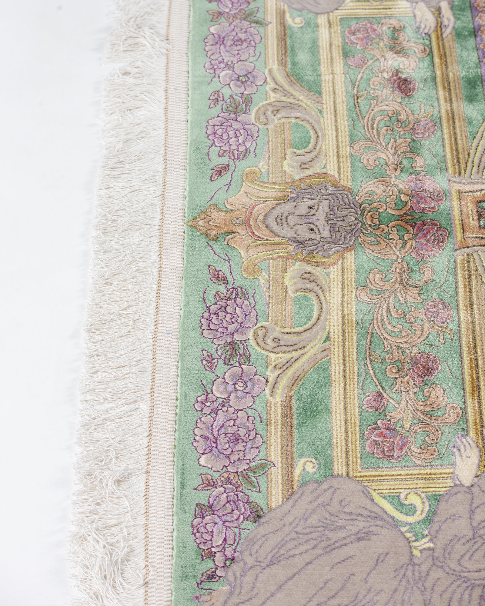 Bahareh Persian silk and wool rug fringe and selvedge detail, sage green 225 x 150 cm - Tabeer Homes Dubai