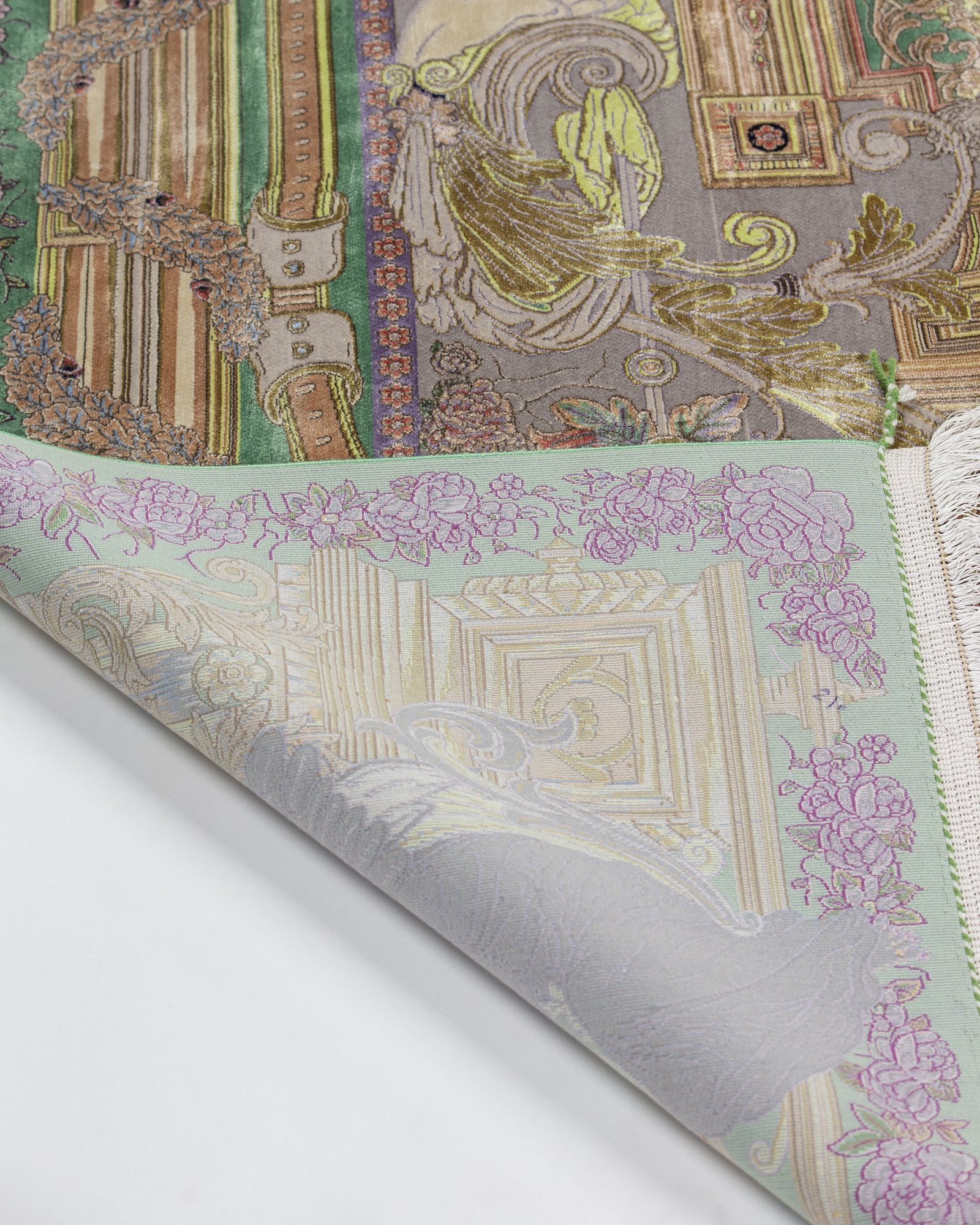 Bahareh silk and wool carpet field pattern detail in sage green, 225 x 150 cm - Tabeer Homes Dubai