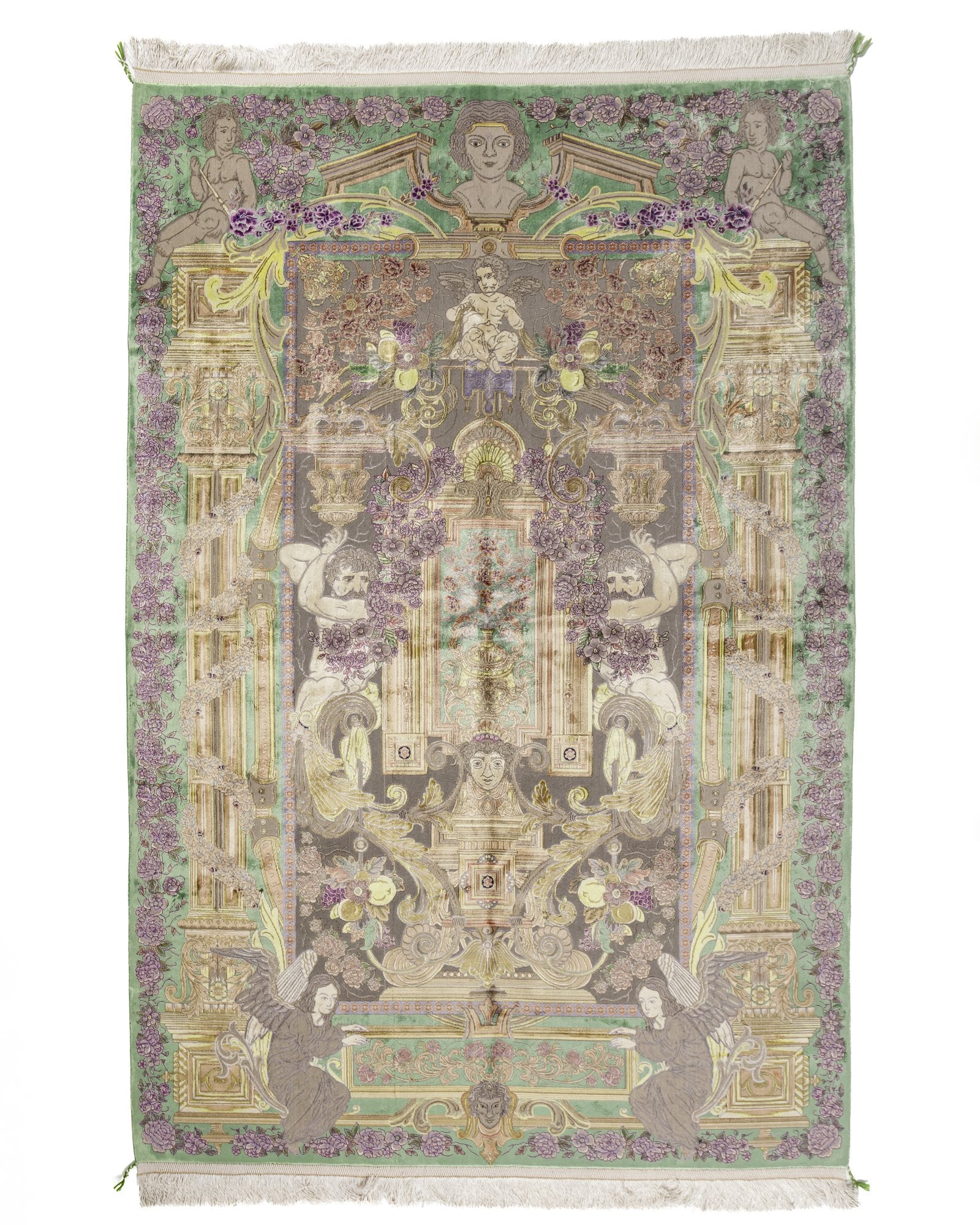 Bahareh Persian silk and wool carpet 225 x 150 cm in sage green, full overhead view - Tabeer Homes Dubai