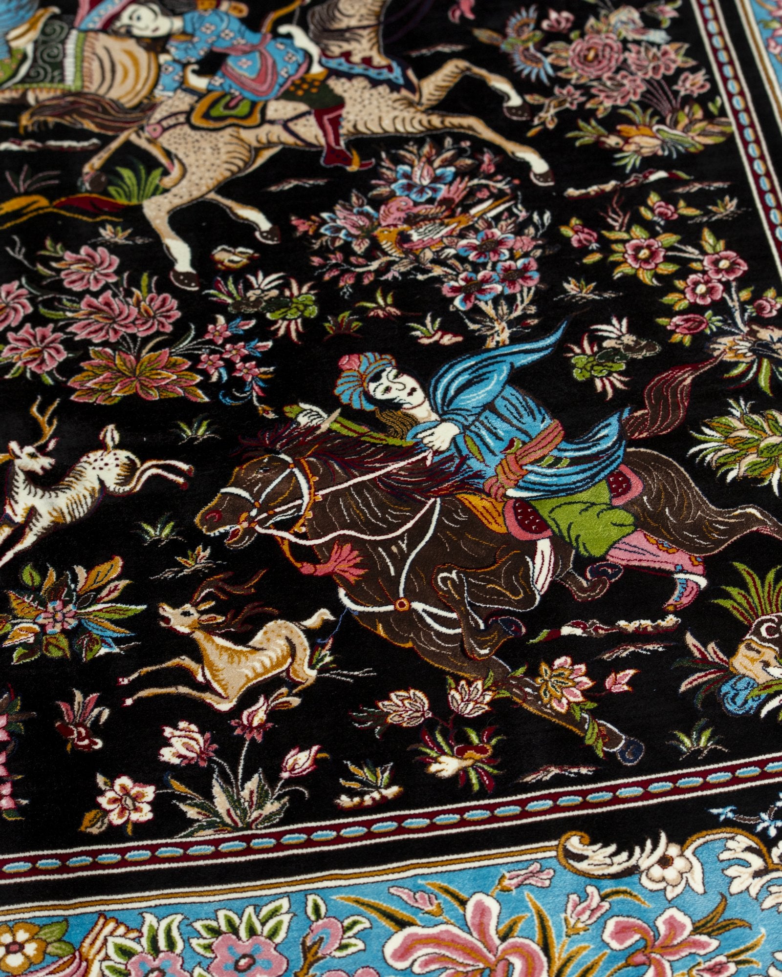 Bahram Persian silk carpet medallion close-up, black 225x150 cm - Tabeer Homes Dubai