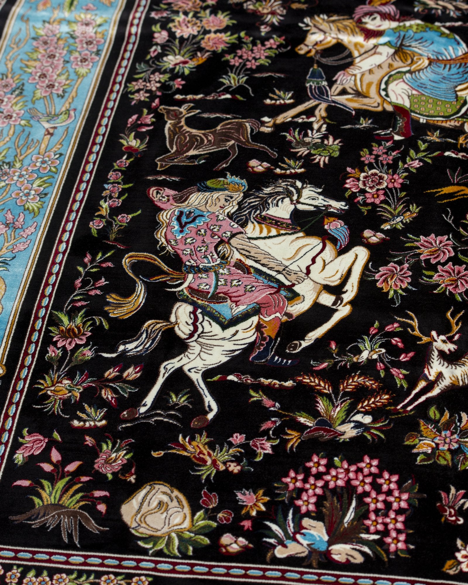 Bahram Persian silk carpet border and pattern detail, black 225x150 cm - Tabeer Homes Dubai