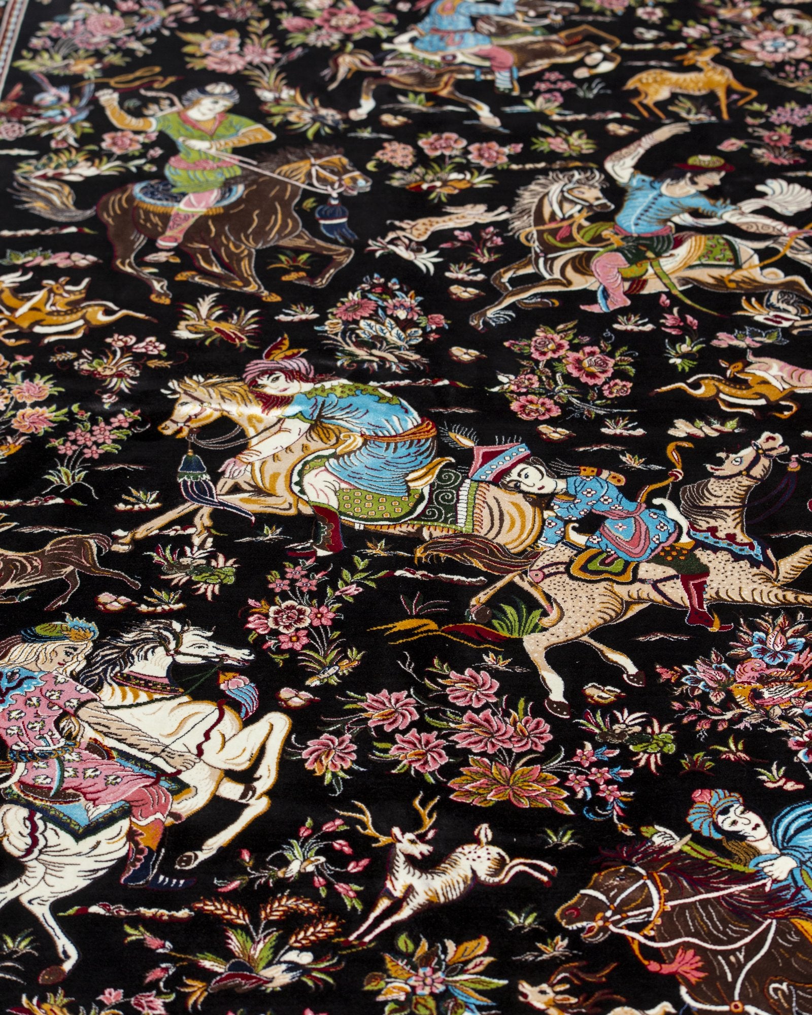 Bahram Persian silk carpet corner and fringe detail, black 225x150 cm - Tabeer Homes Dubai