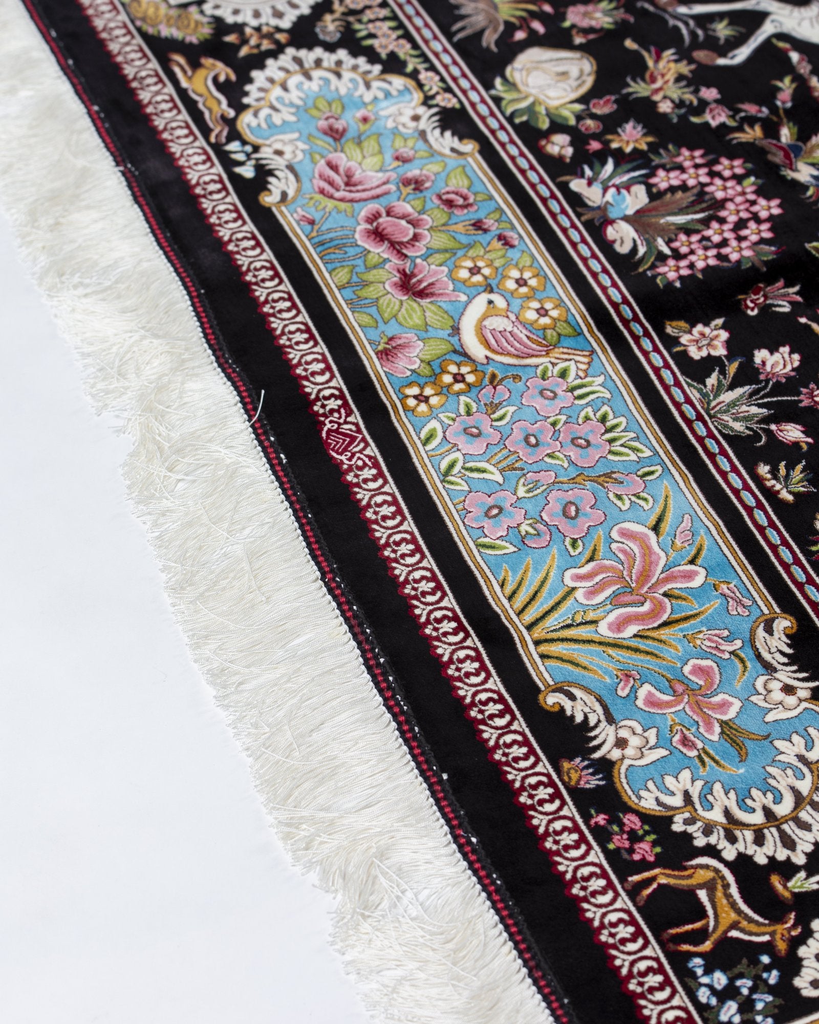 Bahram Persian silk carpet full angled view, black 225x150 cm - Tabeer Homes Dubai